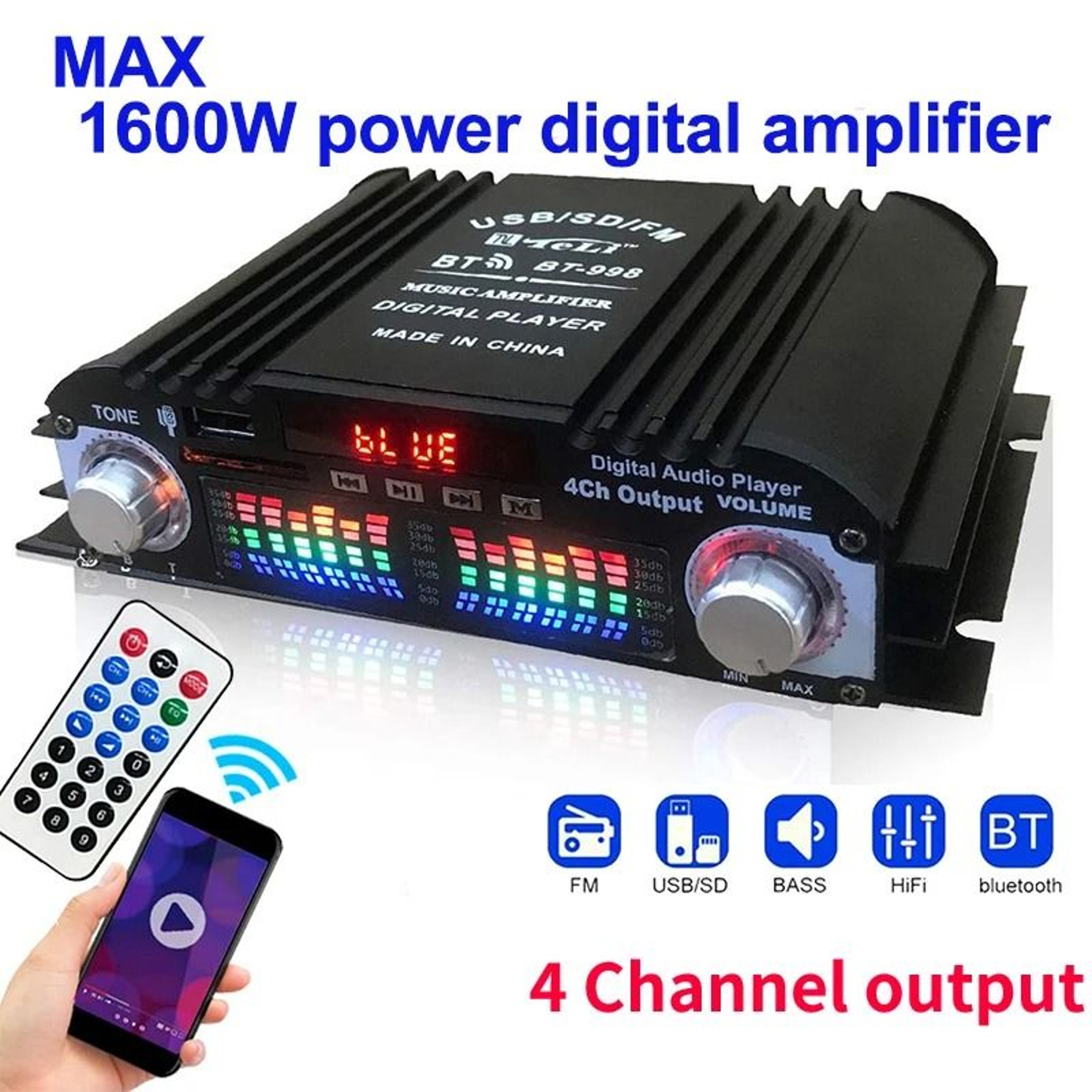 1600W Digital 4Channel Bluetooth Audio Amplifier With FM Radio And Remote Control 0