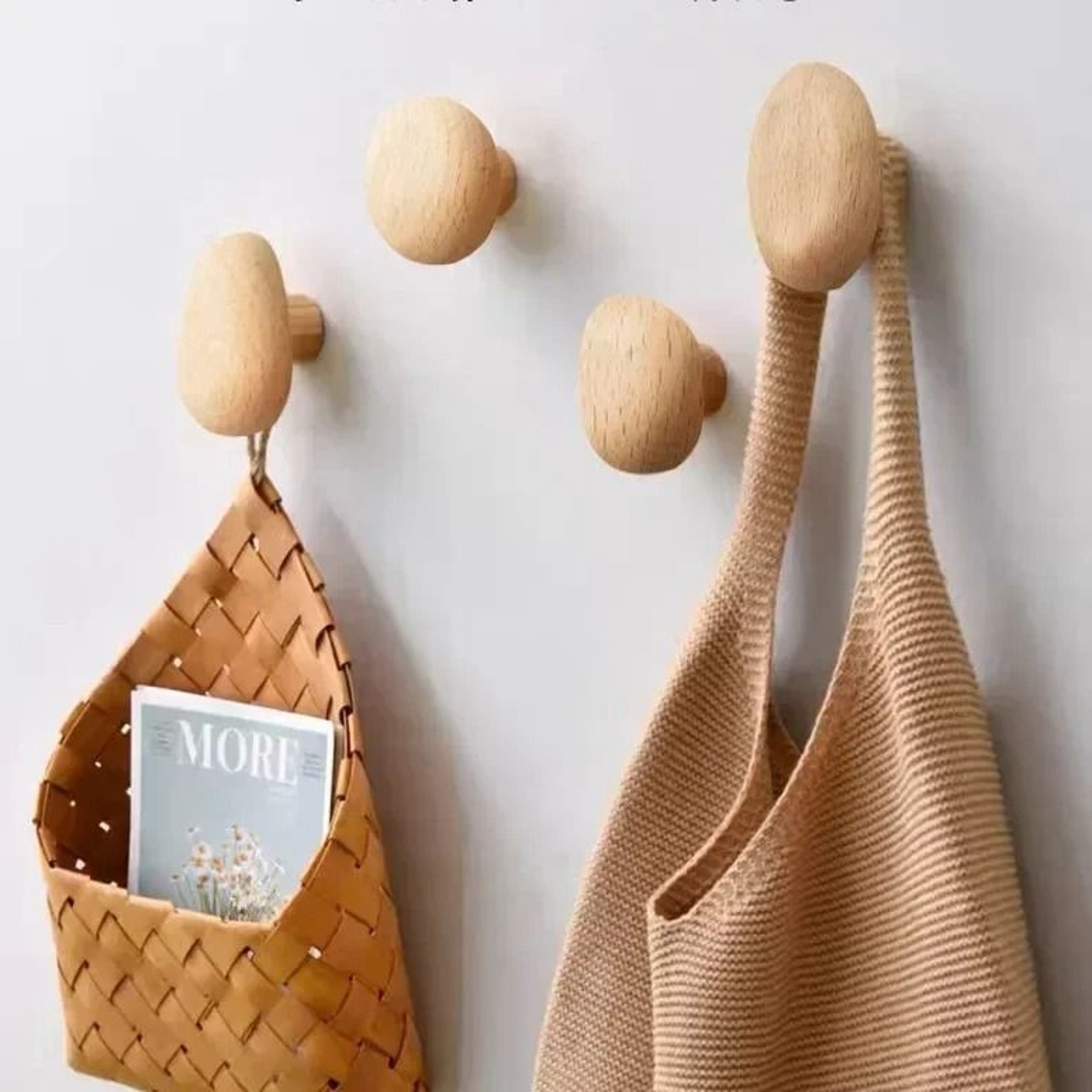 Scandinavian Solid Wood Wall Mounted Clothes Hook Pebble Shape Punch Free Door Hanger 3