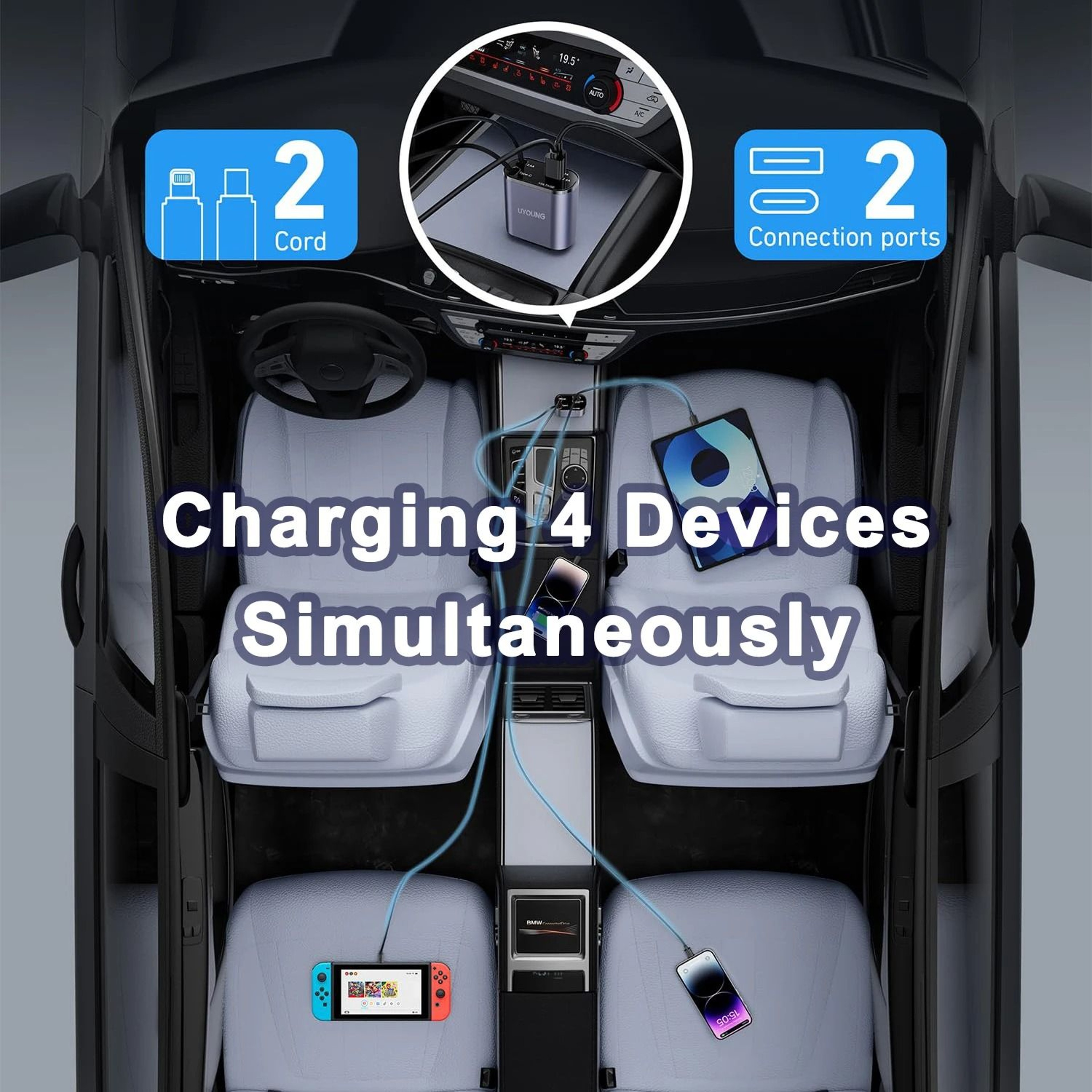 4 In 1 Retractable Car Charger Fast Charging USB PD Type C QC Adapter 3