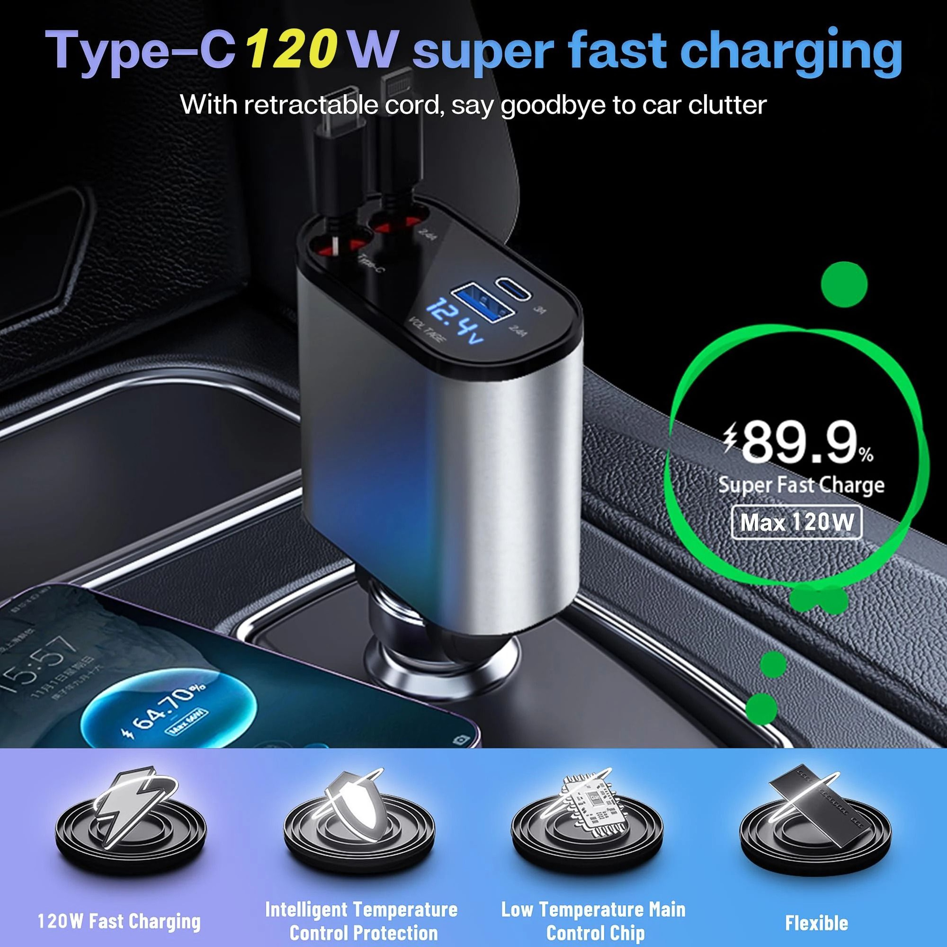 4 In 1 Retractable Car Charger Fast Charging USB PD Type C QC Adapter 4