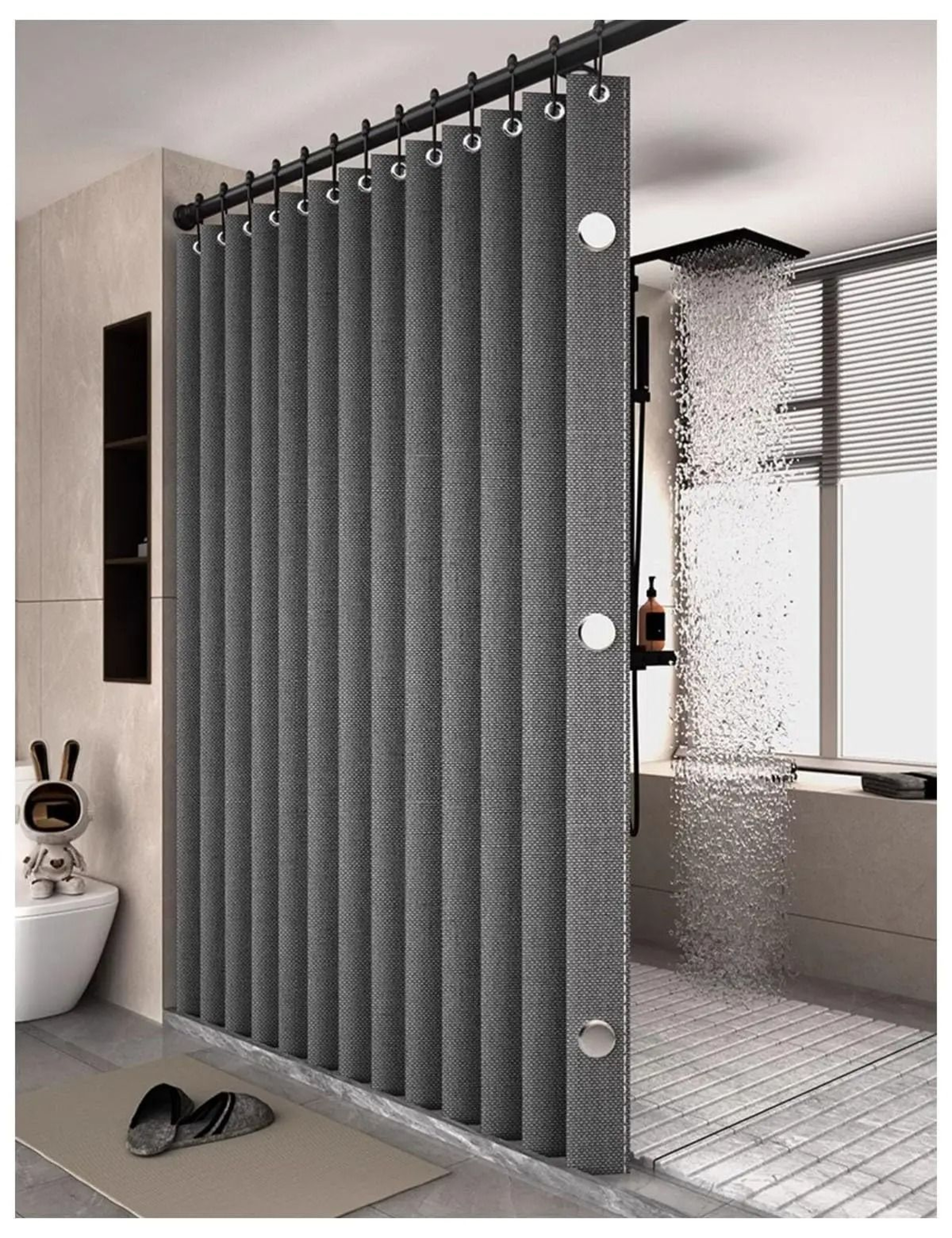 Waterproof Folding Linen Shower Curtain With Magnets For Walk In Bathroom 0