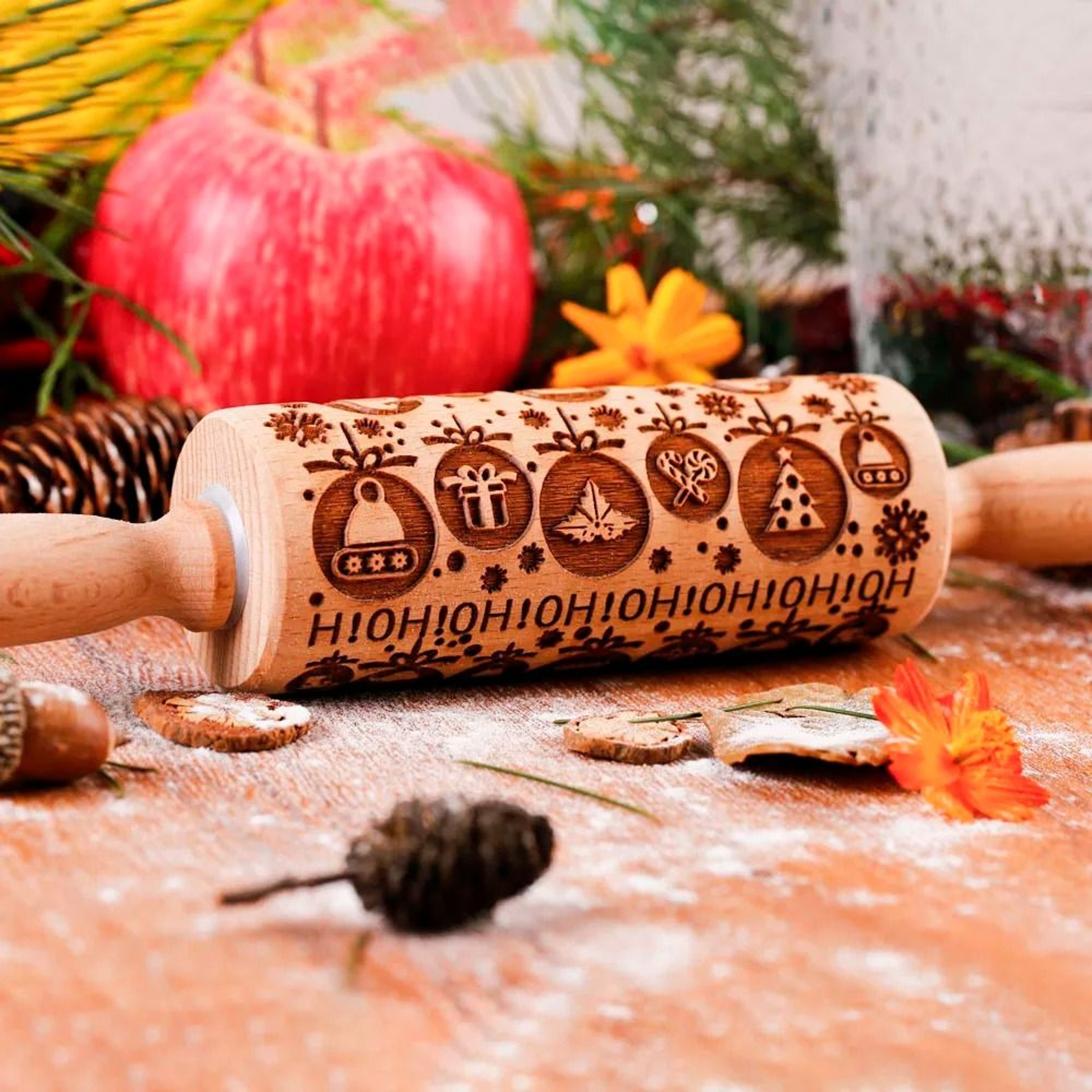 10Inch Wooden Embossed Rolling Pin With Coffee Lemon Flower Elk Pattern For Cookie And Pastry Bakin 2