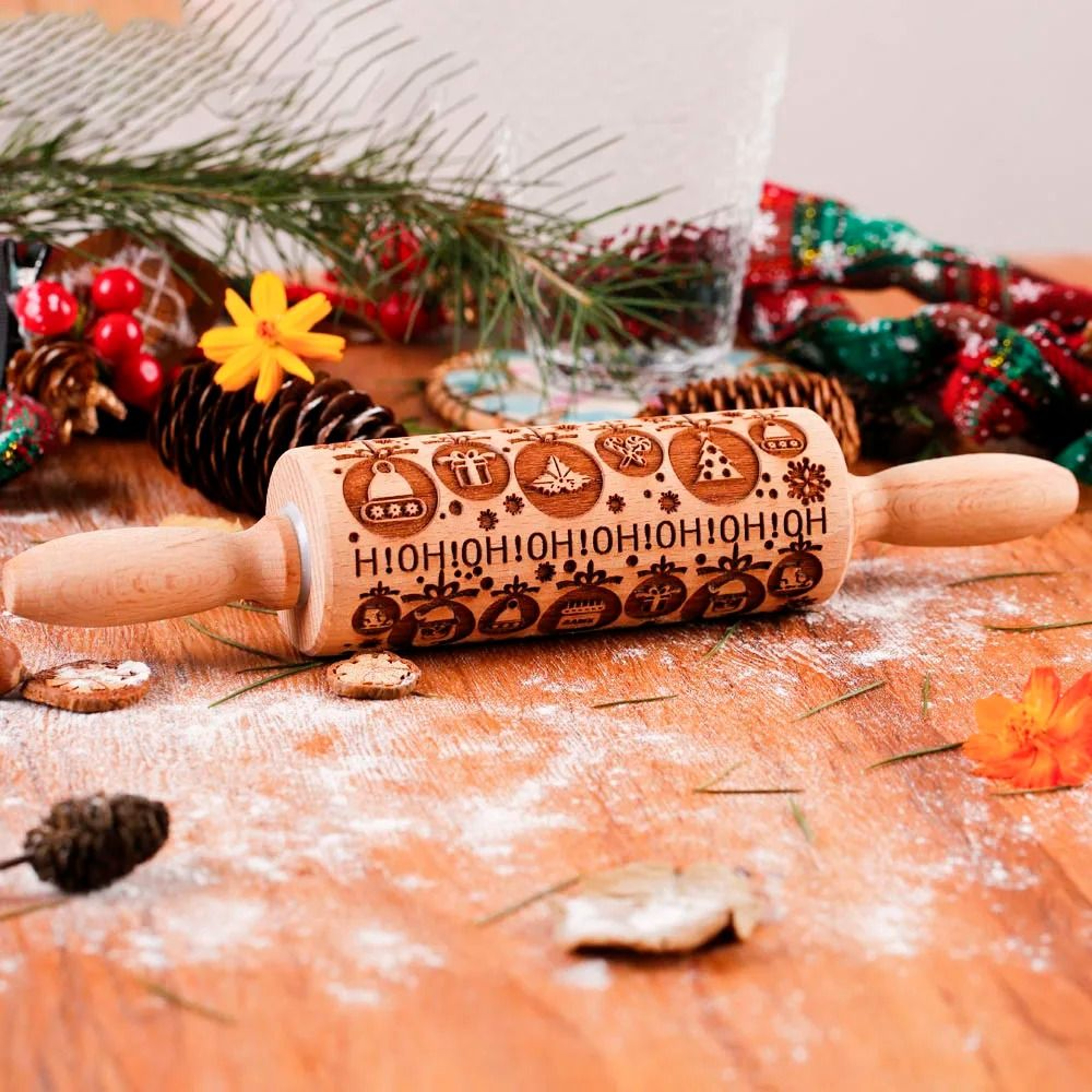 10Inch Wooden Embossed Rolling Pin With Coffee Lemon Flower Elk Pattern For Cookie And Pastry Bakin 14