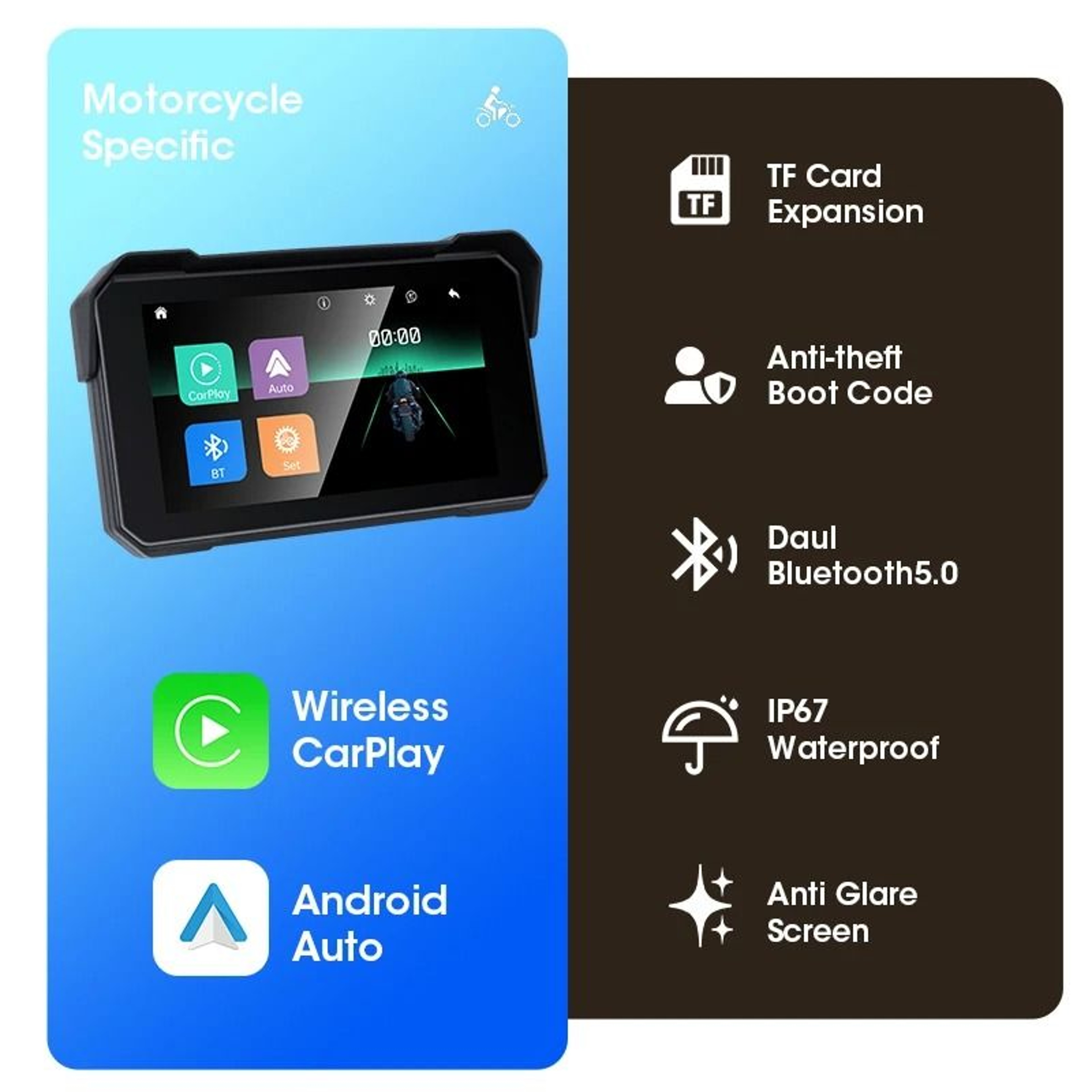 Motorcycle Display Screen With CarPlay Android Auto  Bluetooth Waterproof Navigation Monitor 2