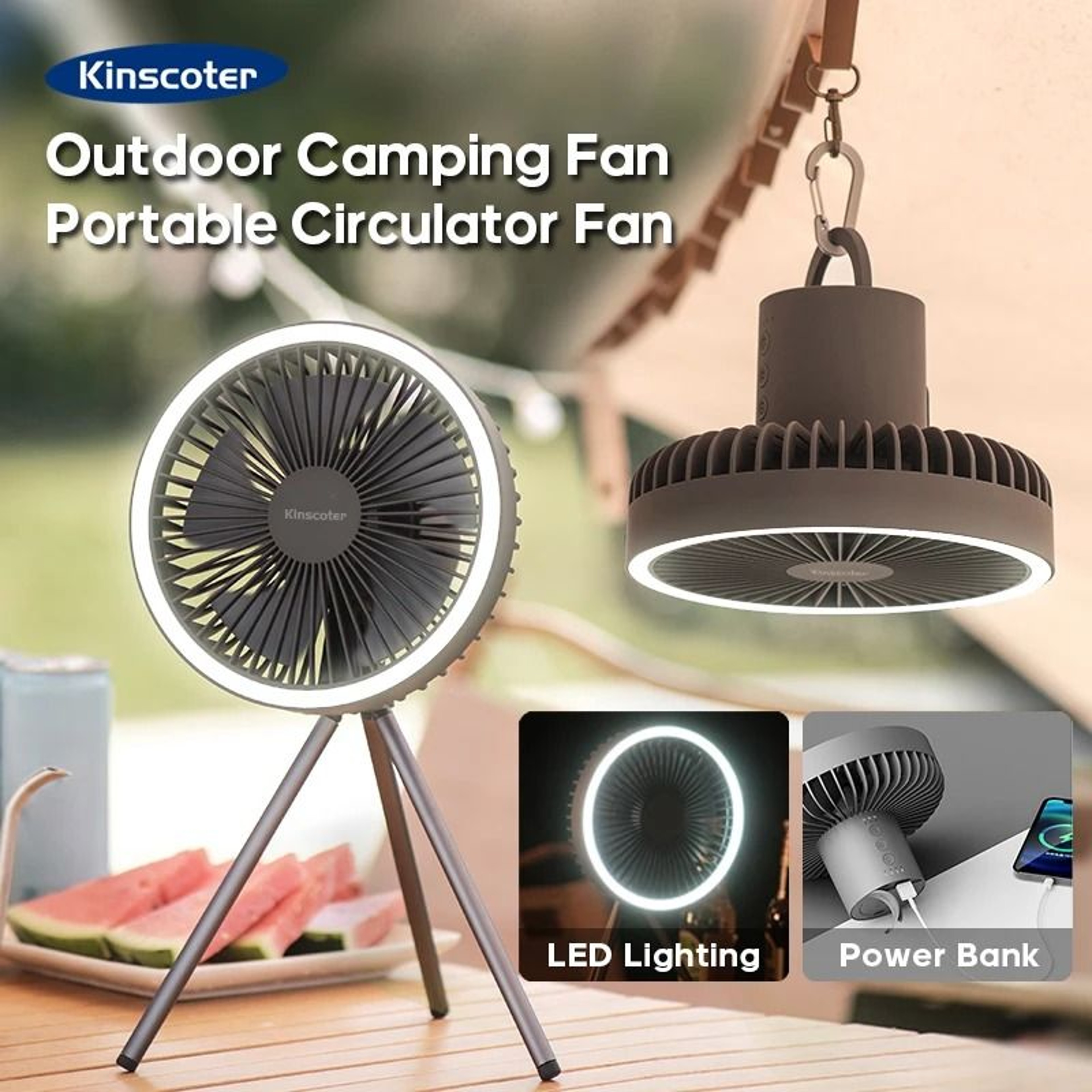 Rechargeable Camping Fan With LED Light And Power Bank Function 1