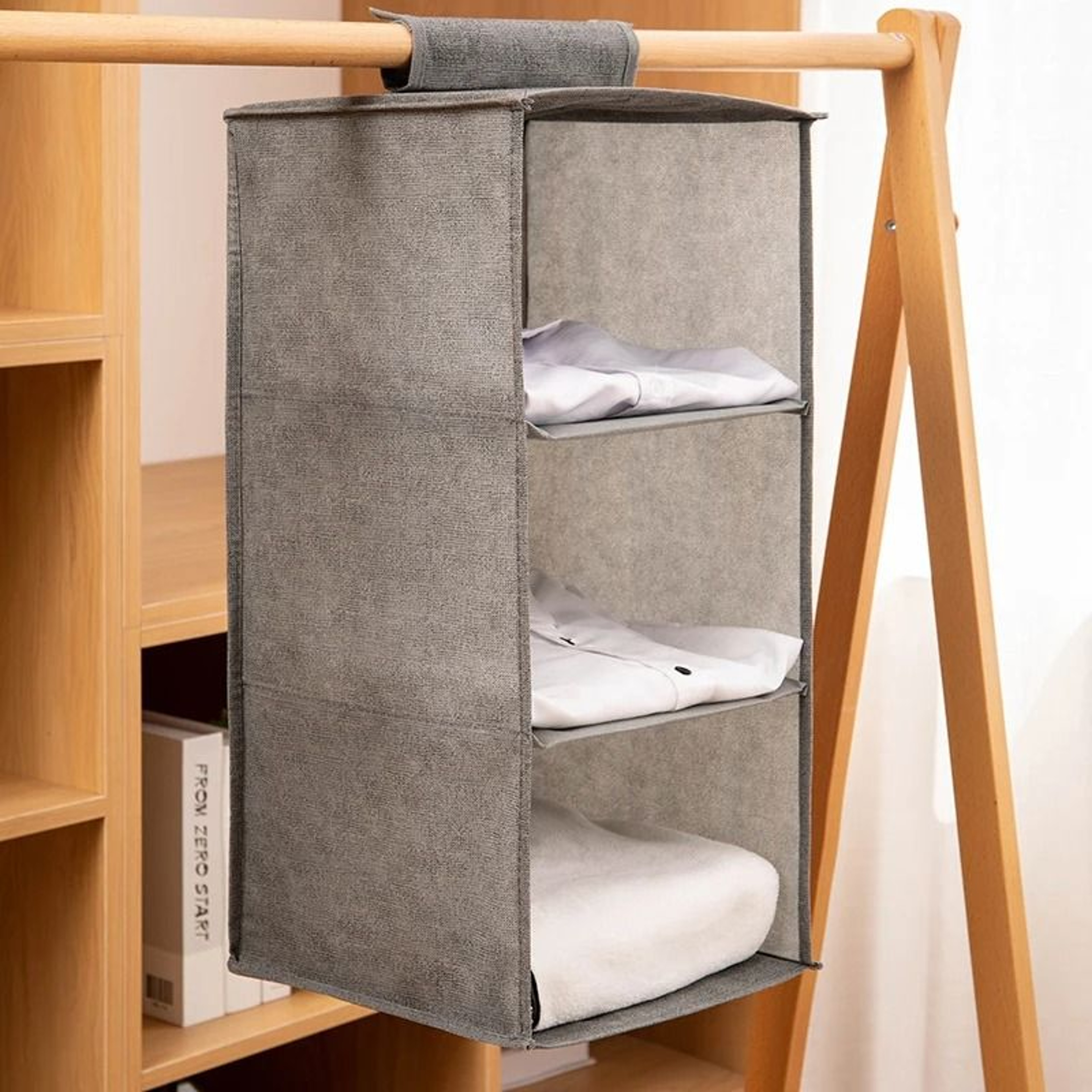 Wardrobe Hanging Storage Organizer With Collapsible Shelves 5