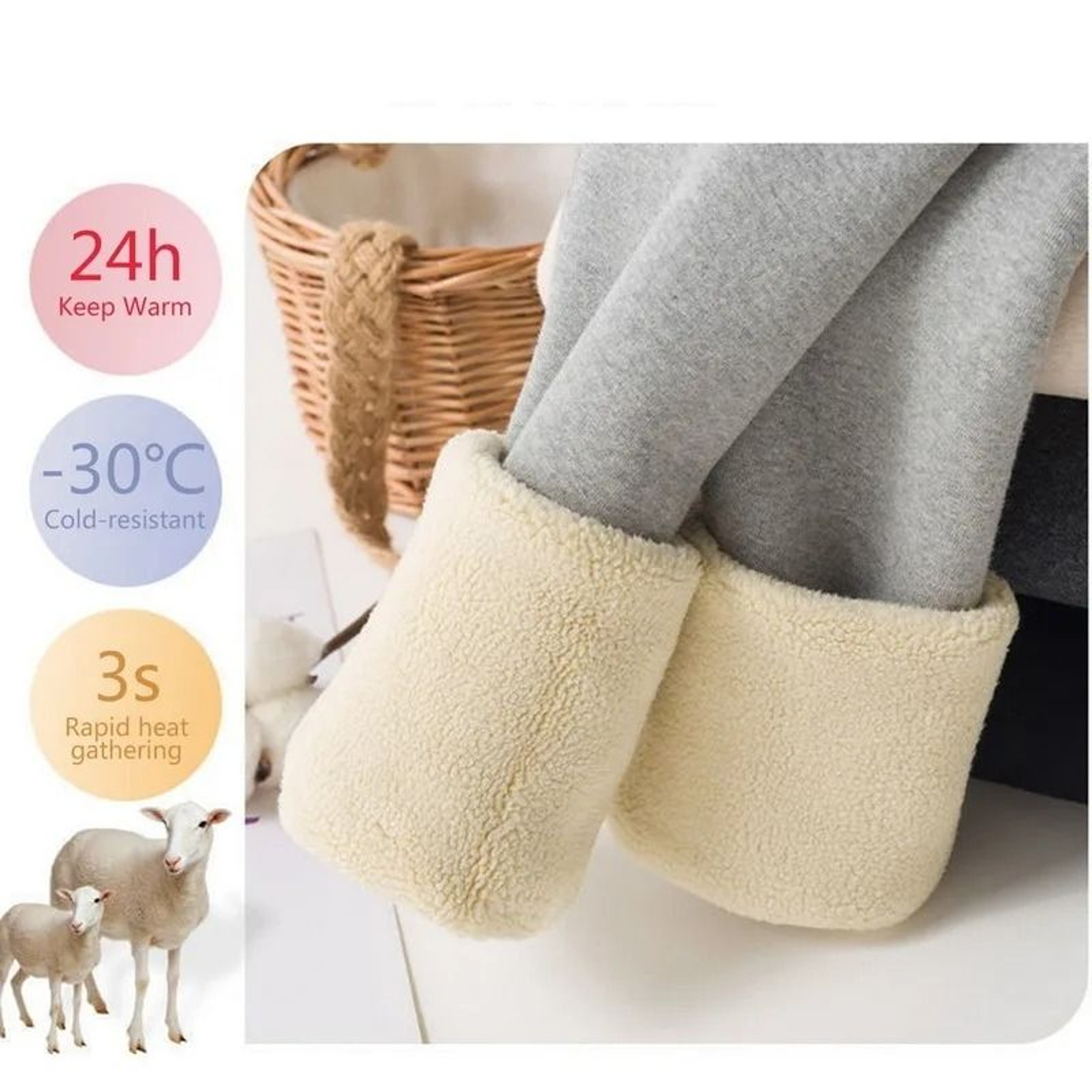 Winter Warm Fleece Leggings Thick Lamb Wool High Waist Slim Fit Pants With Pockets 3