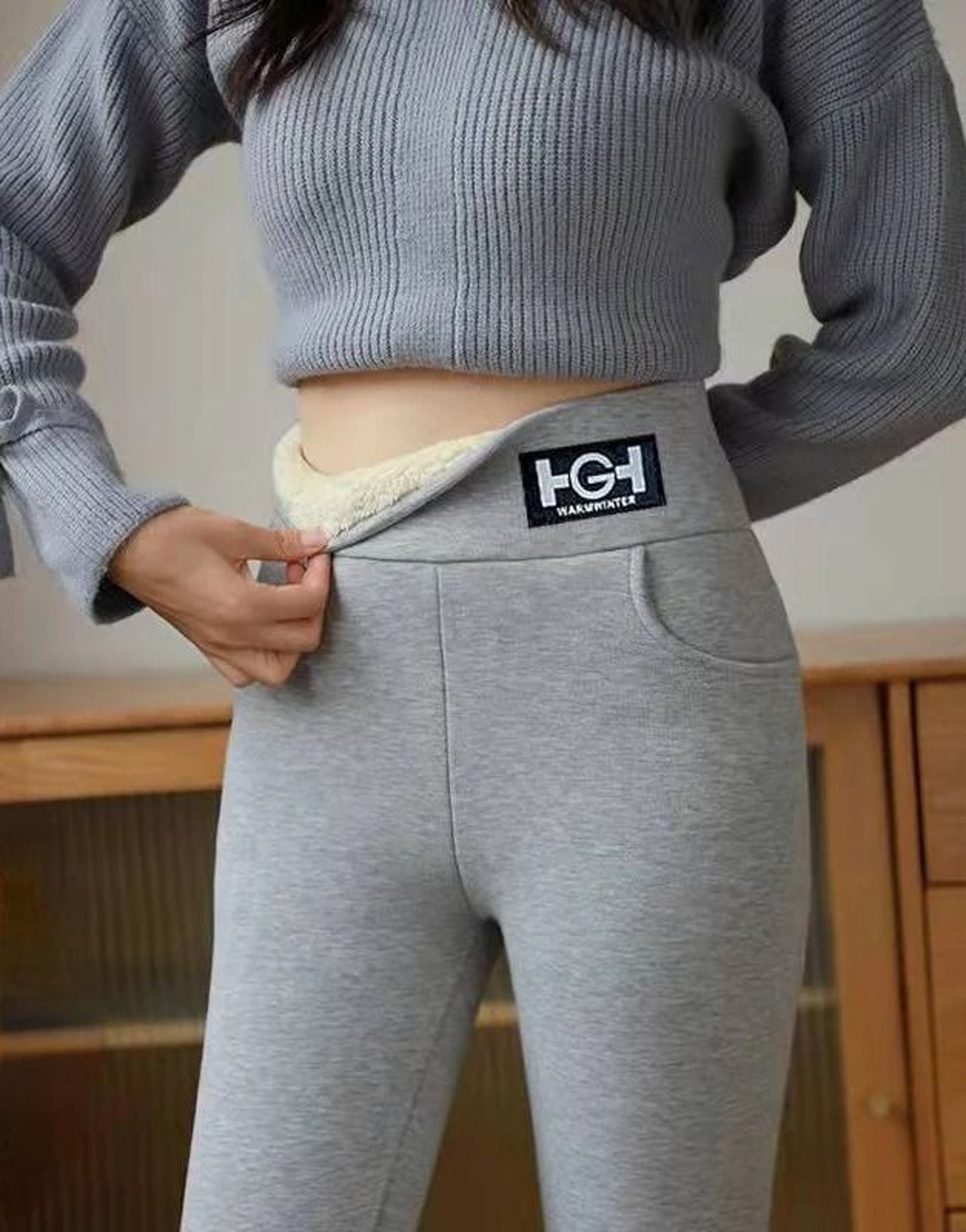 Winter Warm Fleece Leggings Thick Lamb Wool High Waist Slim Fit Pants With Pockets 7