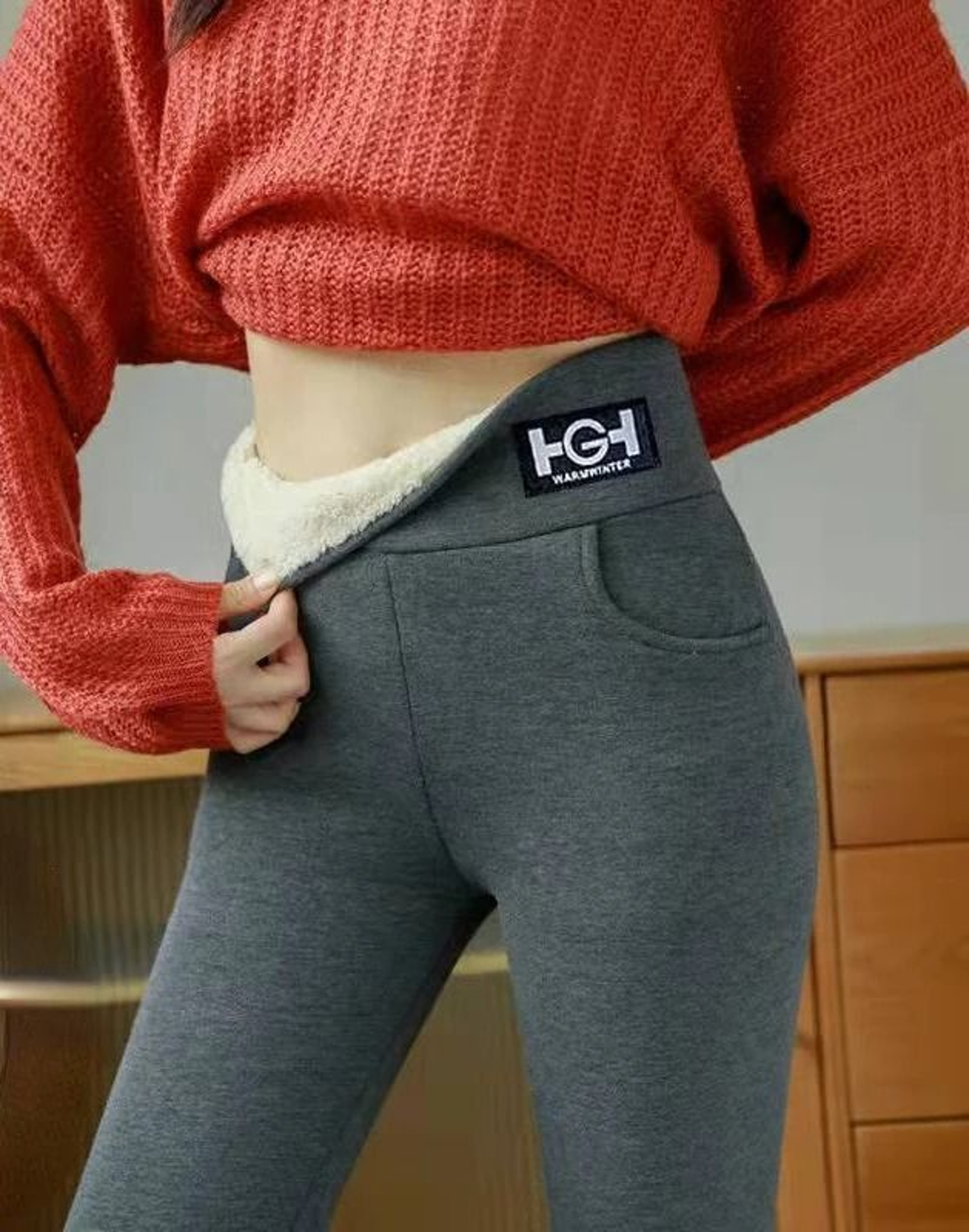Winter Warm Fleece Leggings Thick Lamb Wool High Waist Slim Fit Pants With Pockets 8