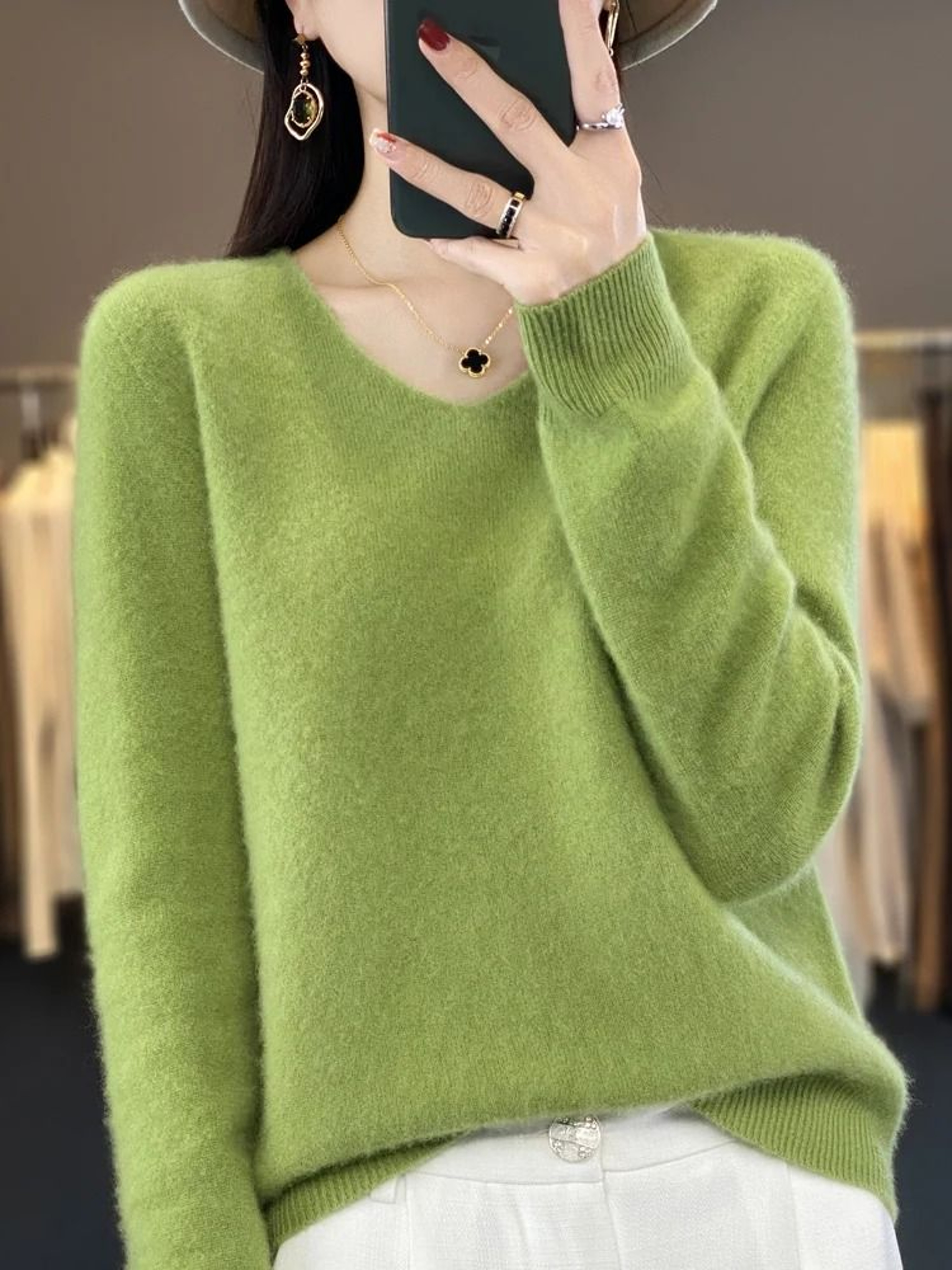 Merino Wool VNeck Sweater For Women  Soft Cashmere Knit Pullover For Autumn And Winter 1