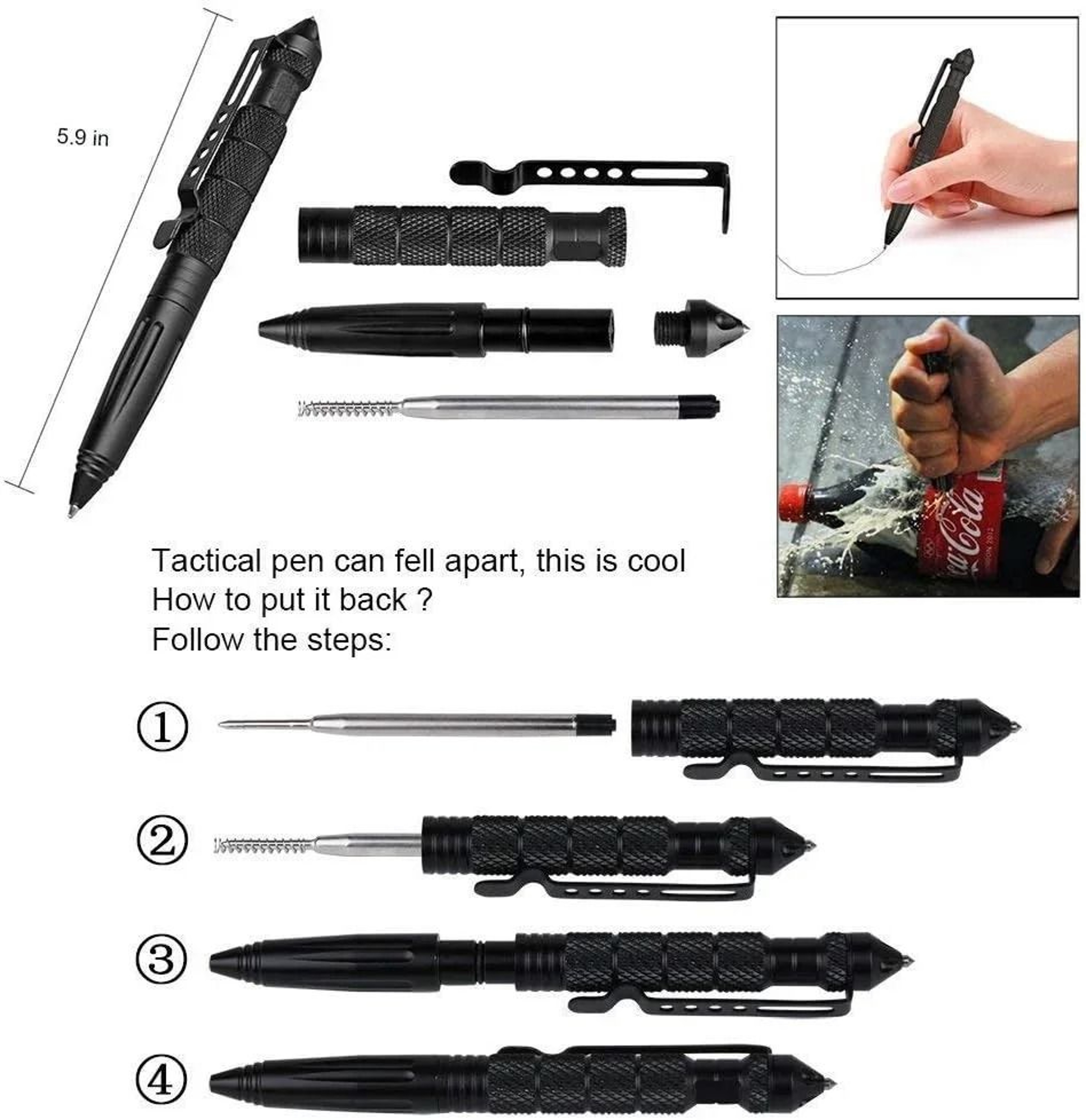 Military Tactical Pen Tungsten Steel Self Defense And Emergency Glass Breaker Heavy Duty Writing To 5