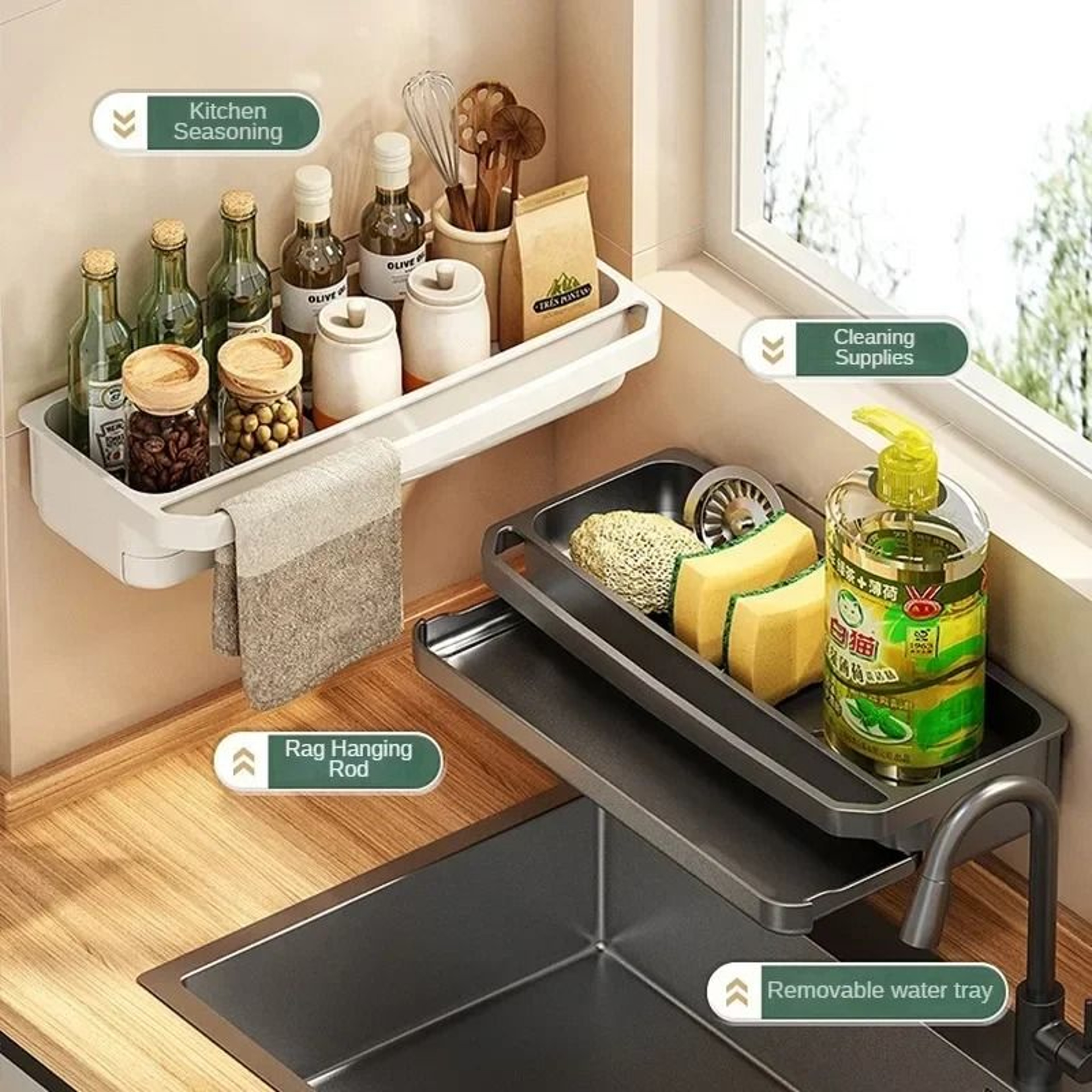Kitchen Sink Organizer Rack With Drain Tray And Towel Holder 2