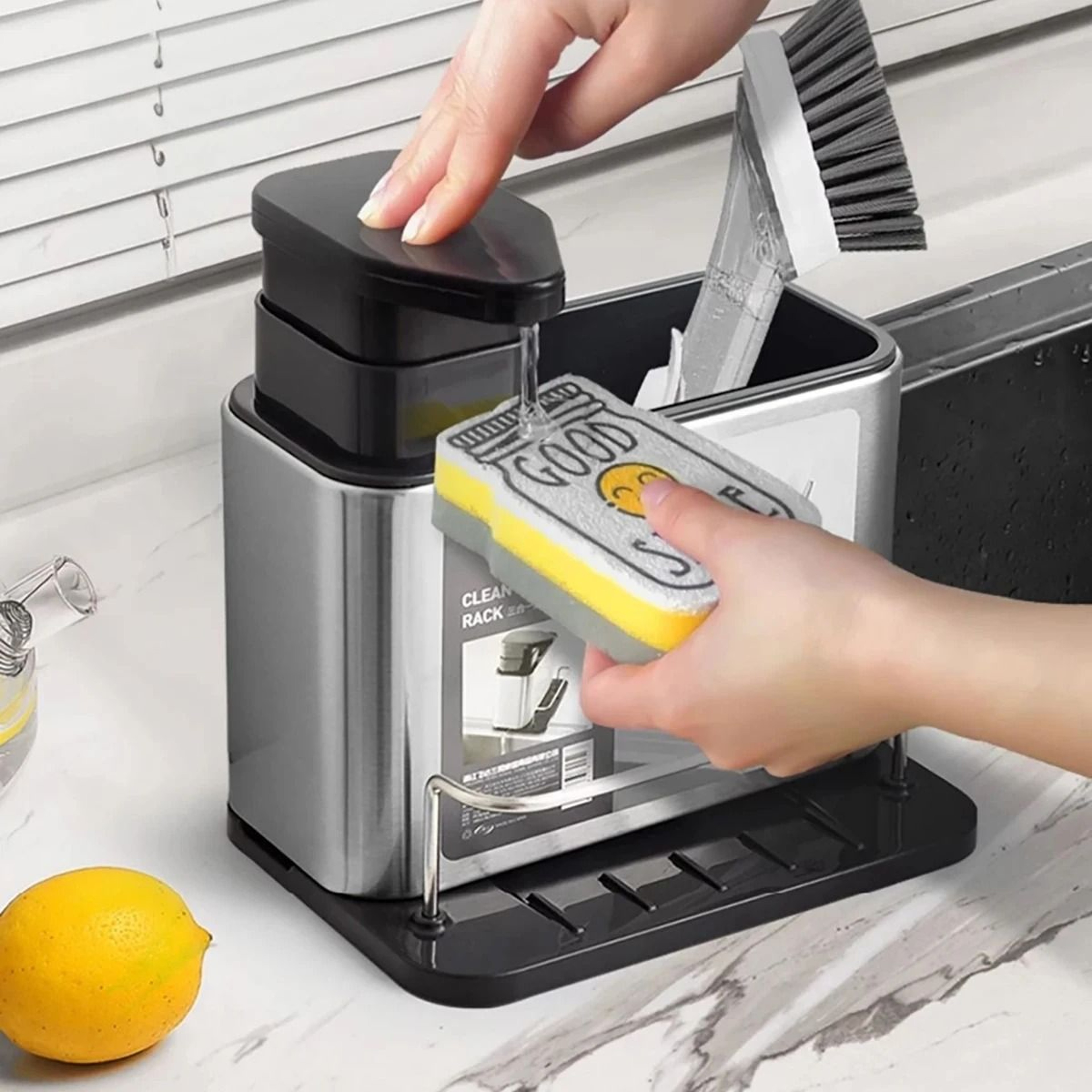 3 In 1 Stainless Steel Kitchen Soap Dispenser With Sponge And Cutlery Organizer 1