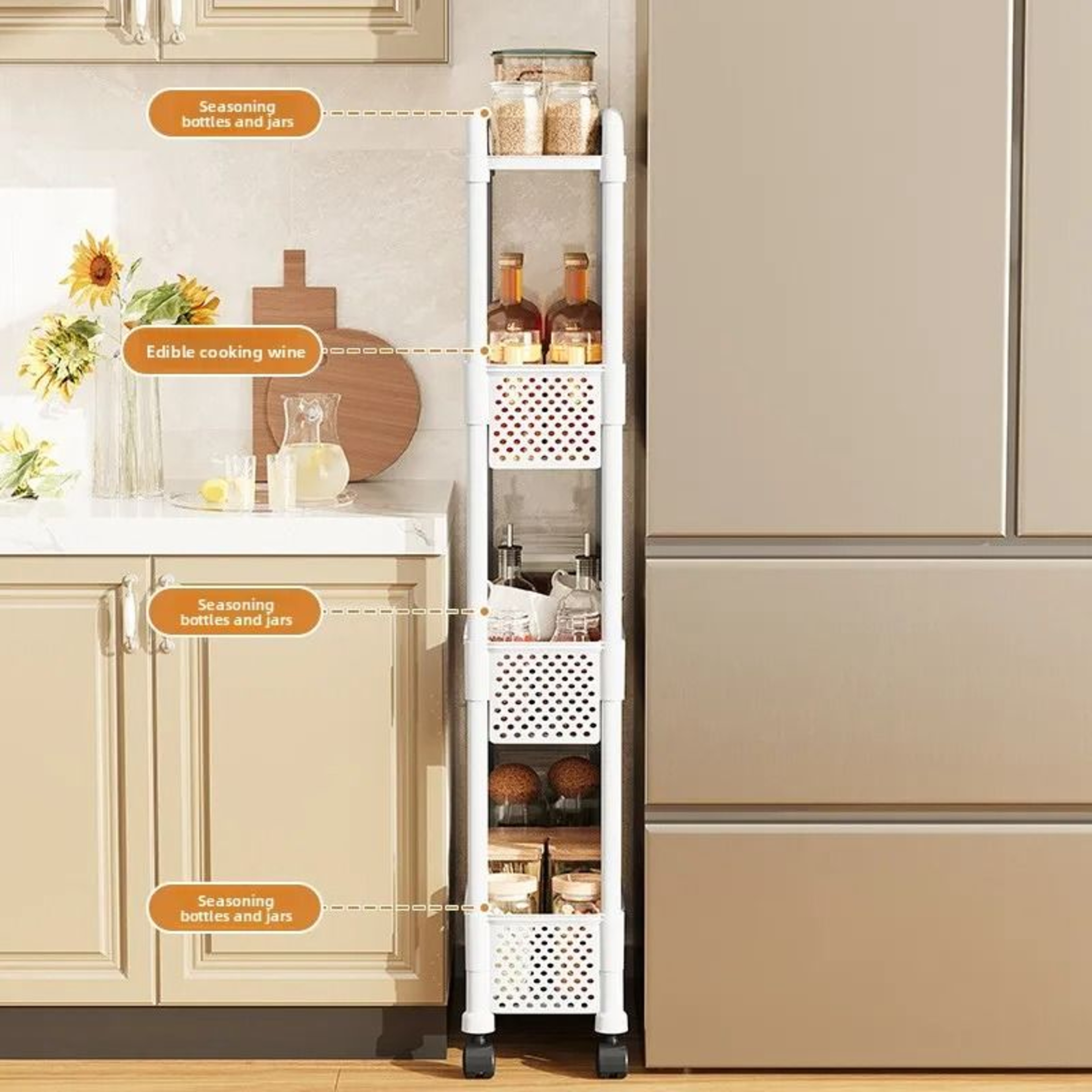 Movable Gap Storage Rack Narrow Floor Standing Organizer For Kitchen And Living Room 2