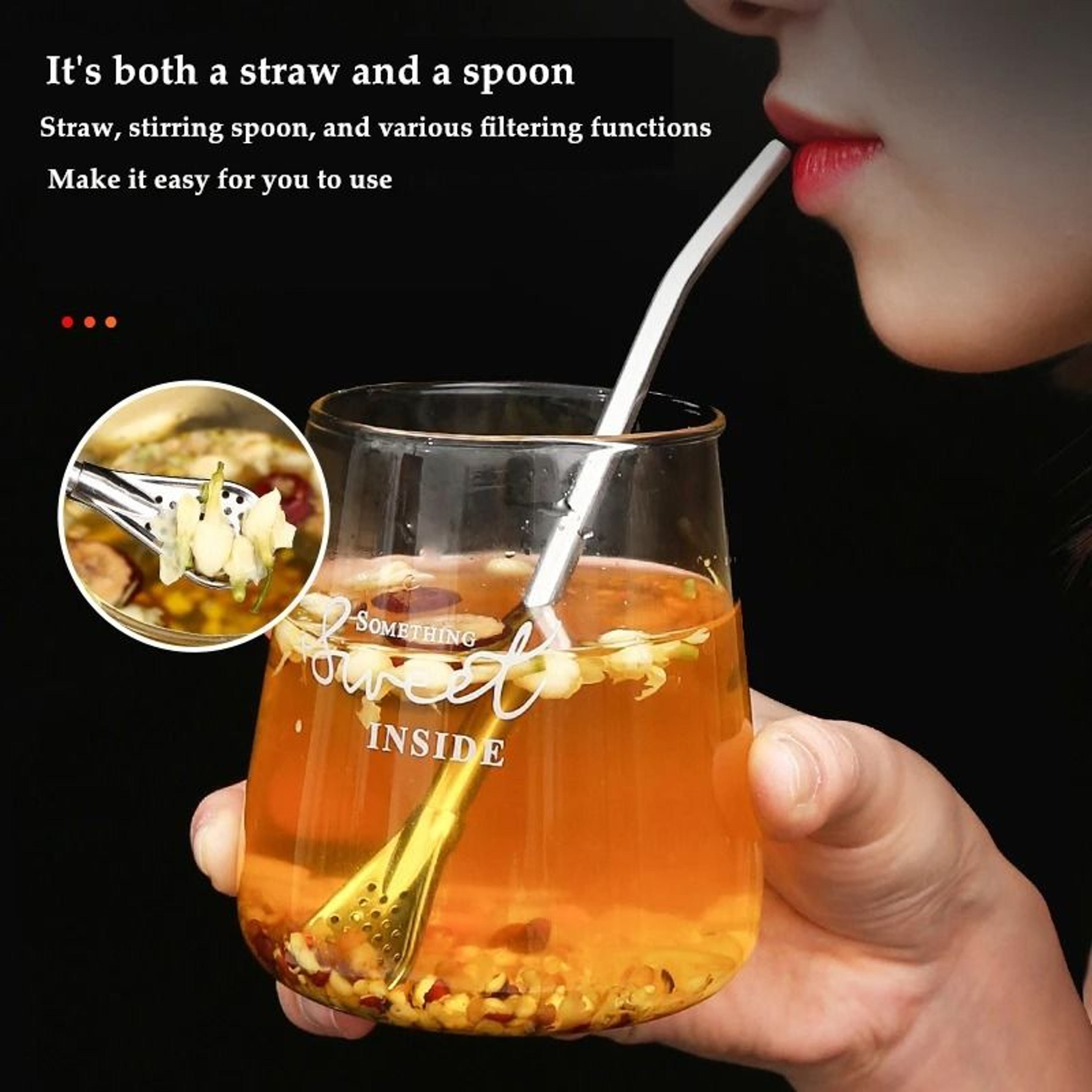 Stainless Steel Reusable Straw Spoon With Tea Filter 2