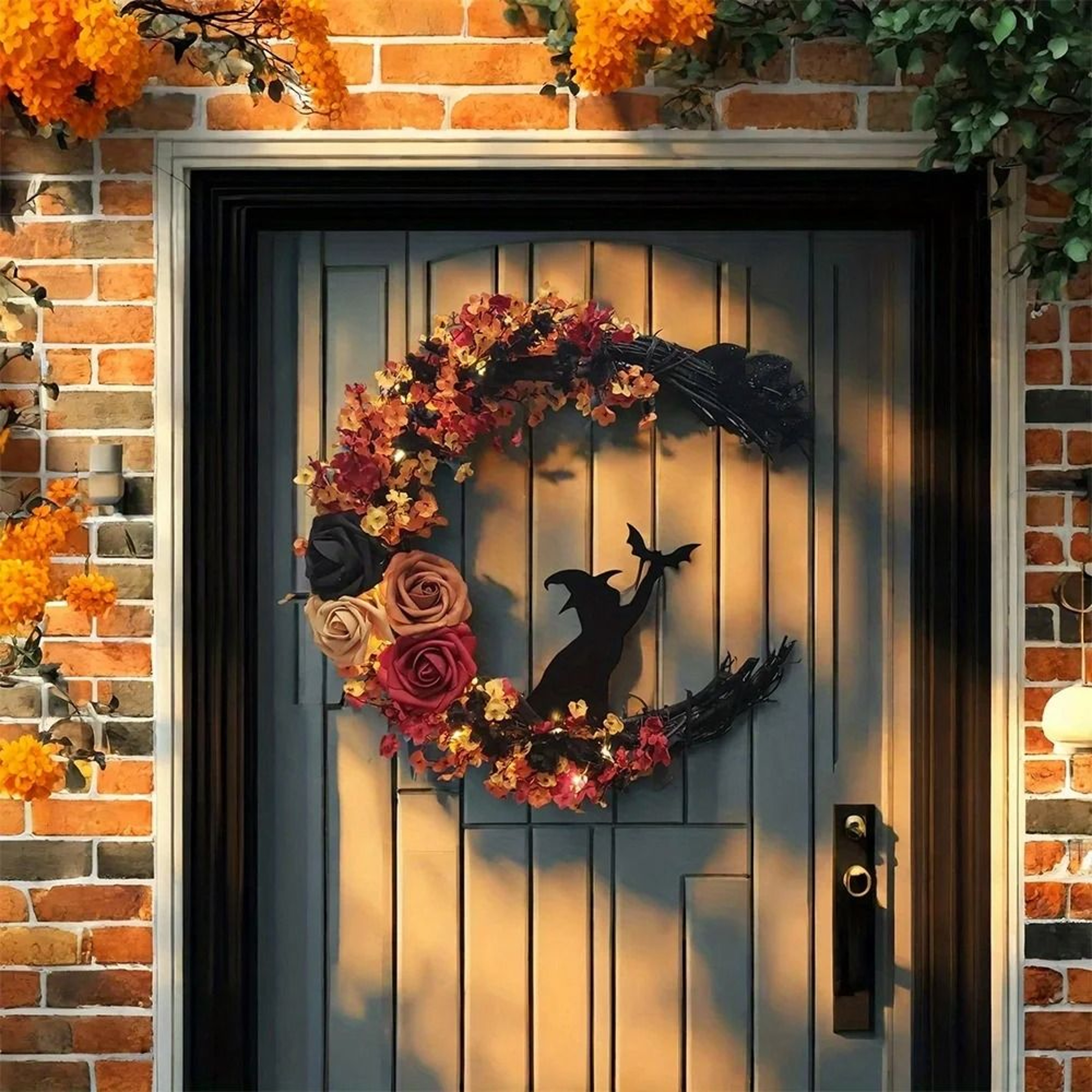 Gothic Halloween Wreath With Roses And Witch Cat Silhouette 4