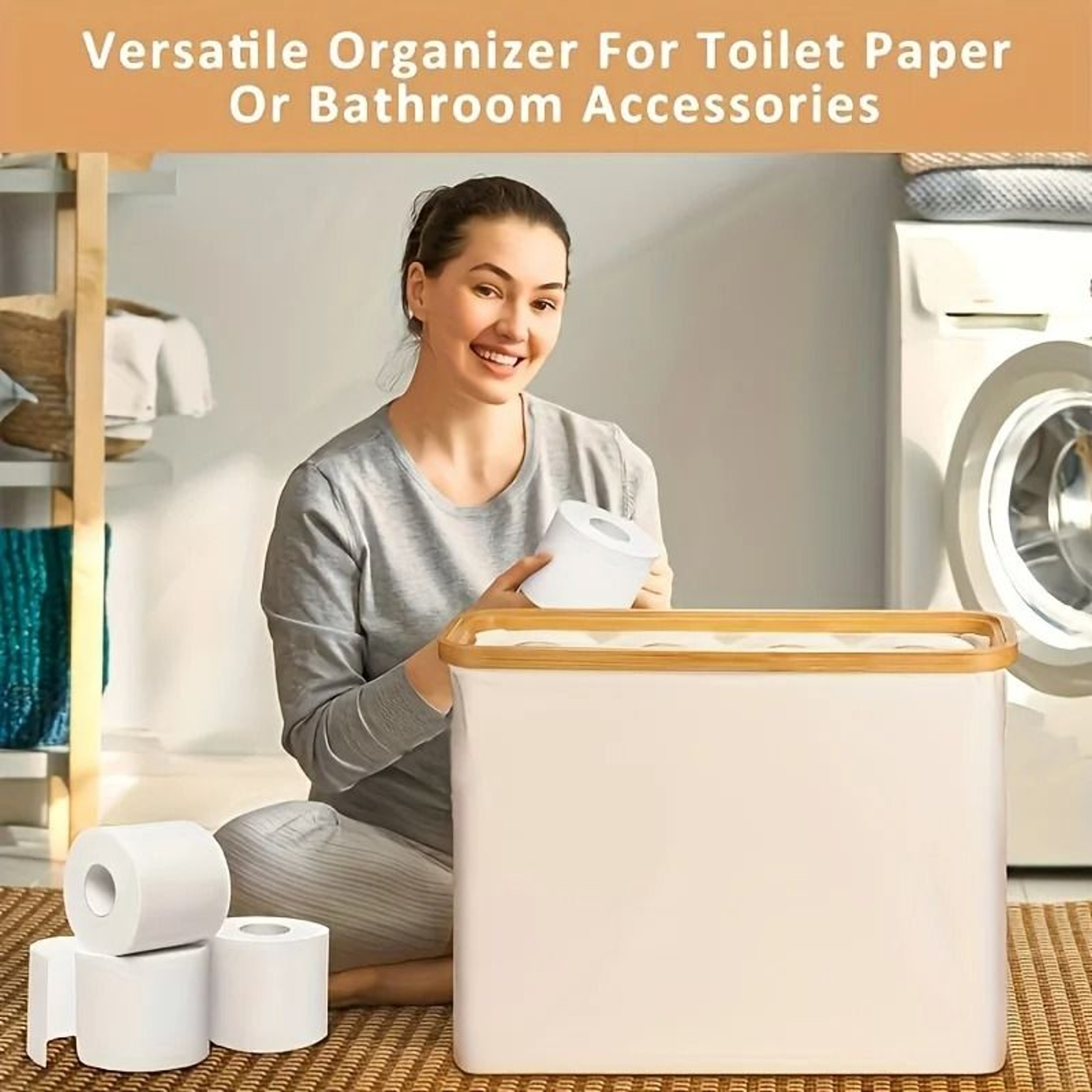 Bohemian Bamboo Toilet Paper Holder With Foldable Storage Basket 1