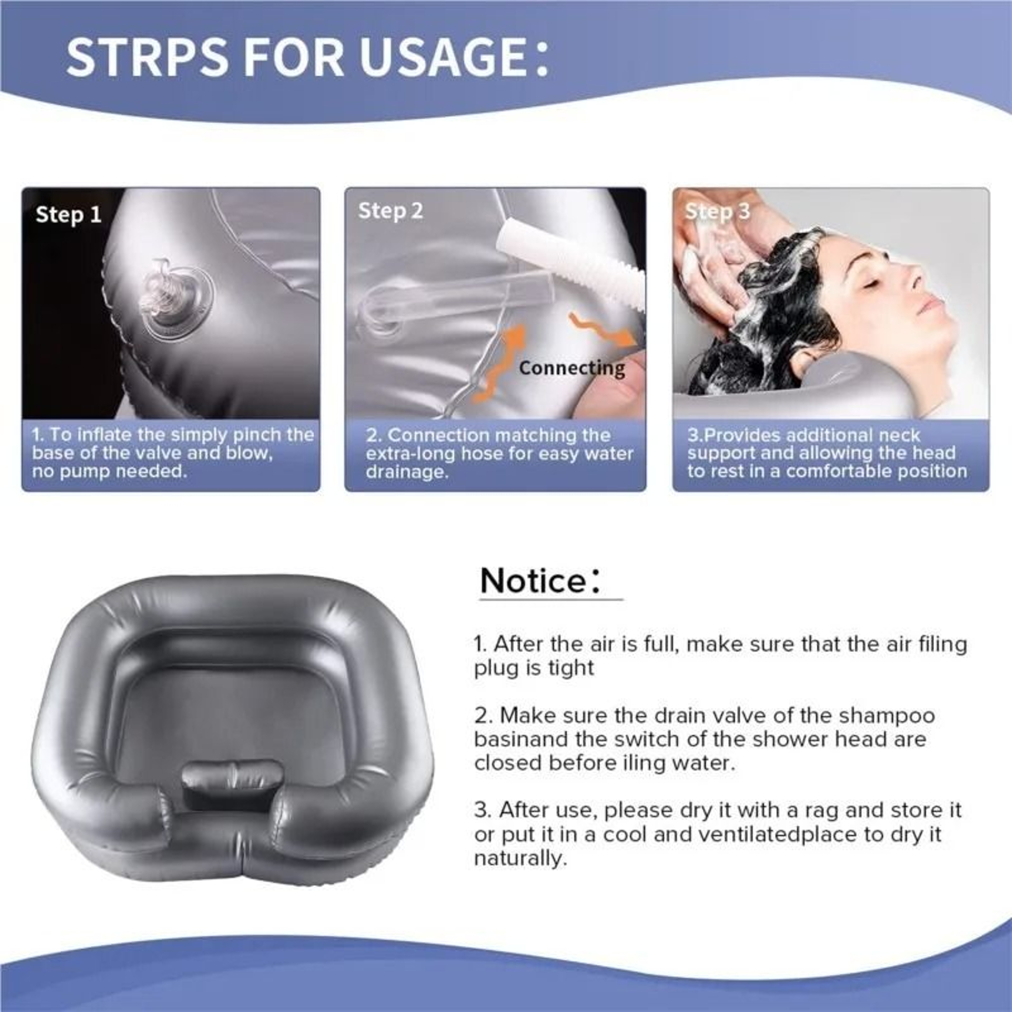 Inflatable Hair Washing Basin With Drain Hose  Portable PVC Shampoo Bowl For Bedridden Elderly And  4