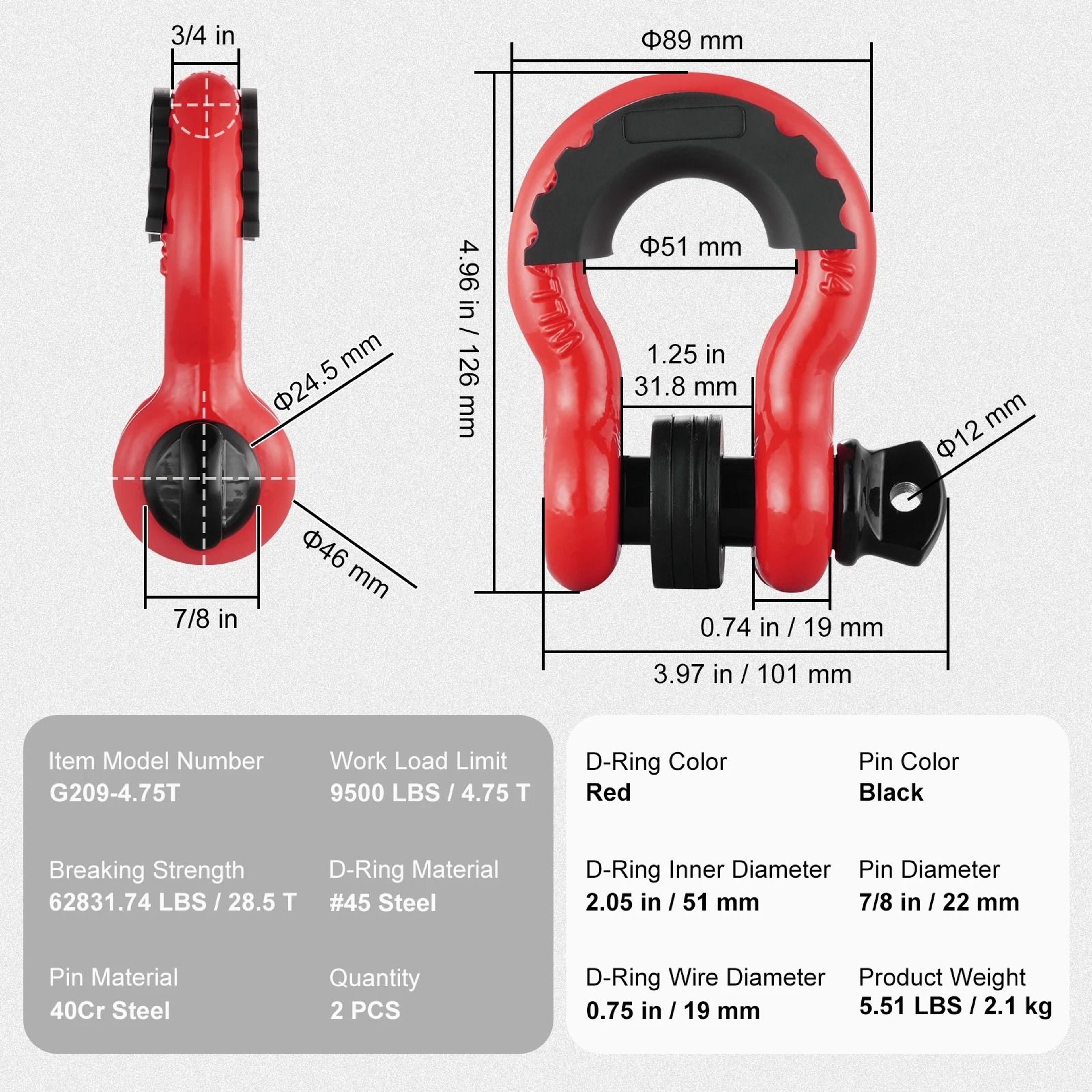 HeavyDuty 34 Inch DRing Shackles 2Pack  62832 Lb Break Strength Bow Shackles With Isolators Washers 6