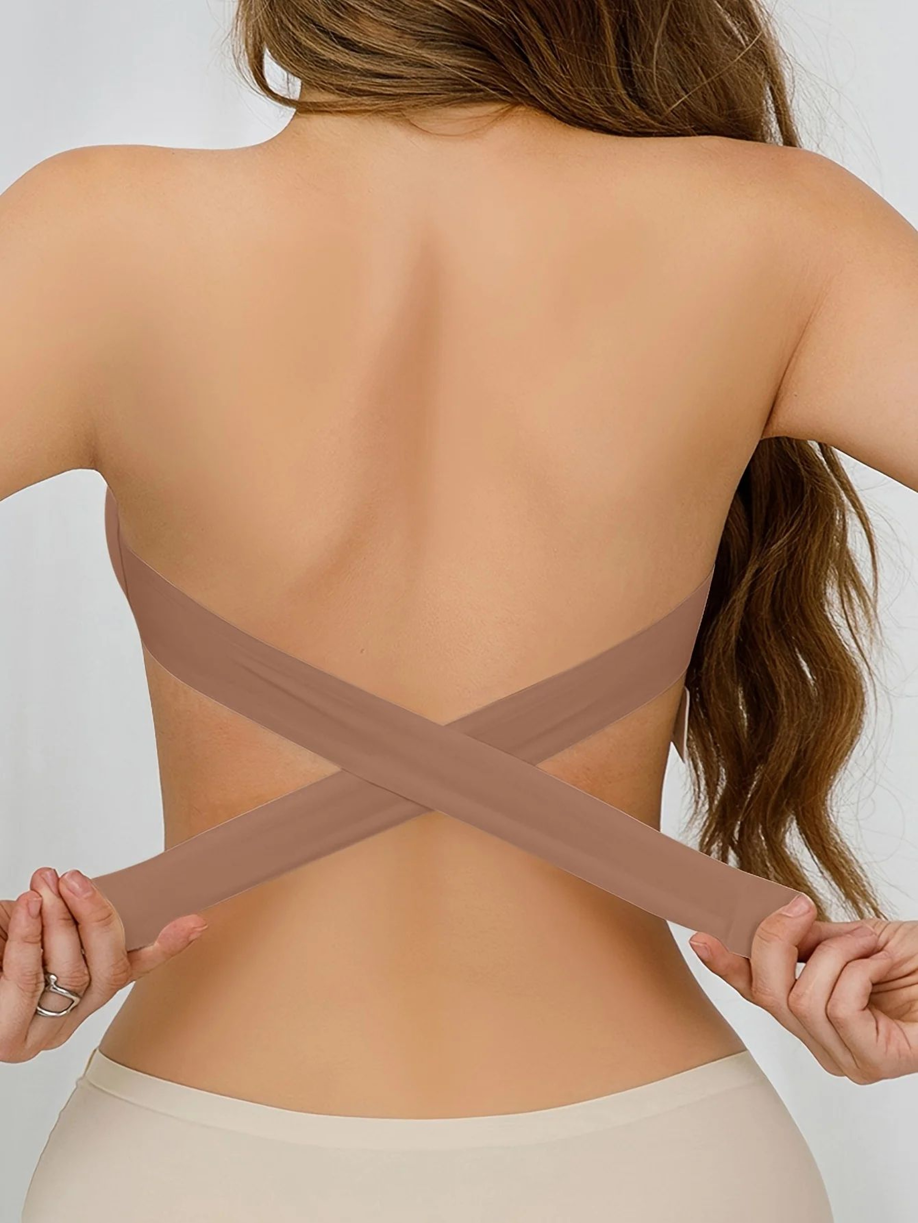 Strapless Bra With Side Clasps And Crisscross Back Removable Padding Breathable Nylon Knit 5
