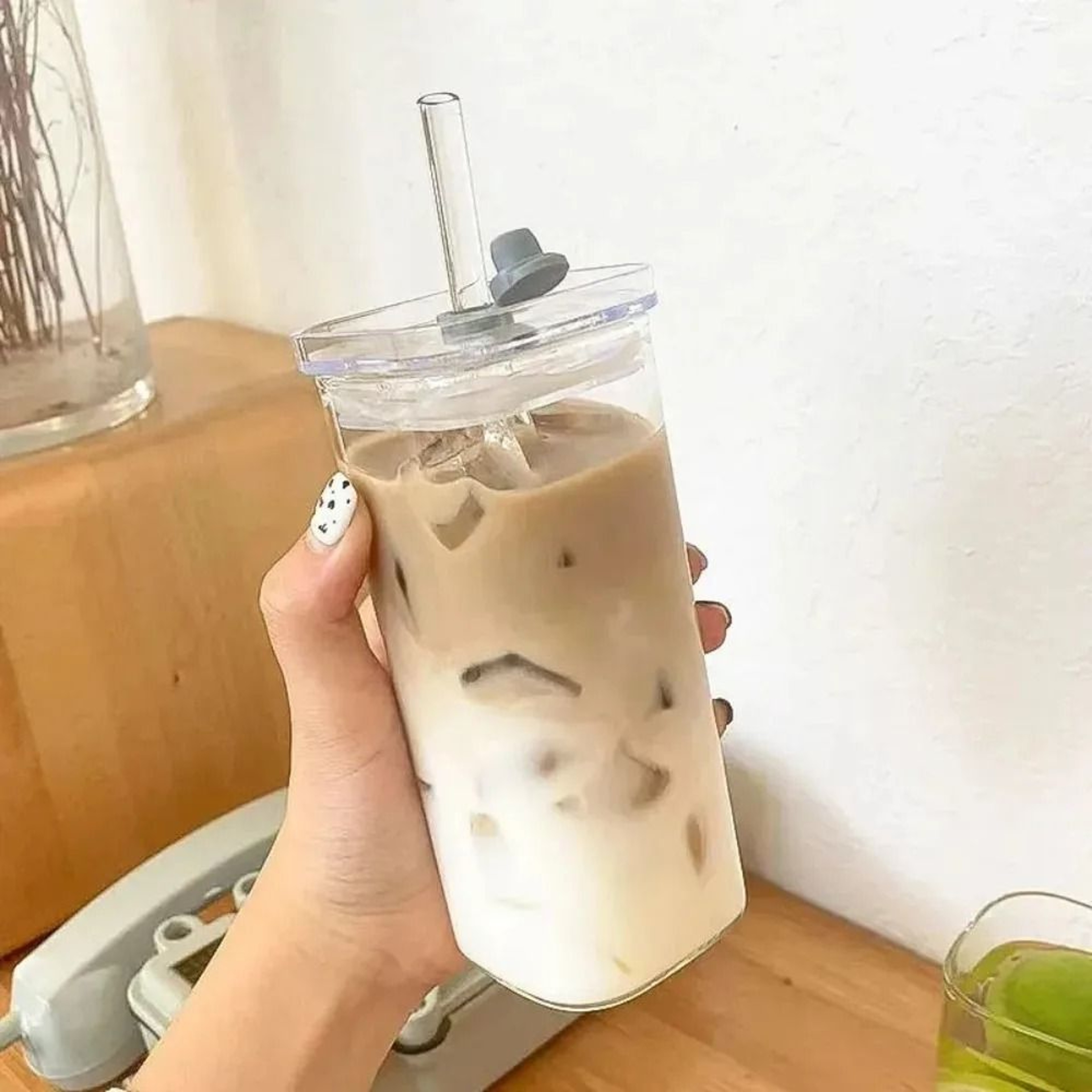 Square HeatResistant Glass Cup With Lid And Straw  400ml Transparent Coffee And Milk Tea Mug For Ho 0