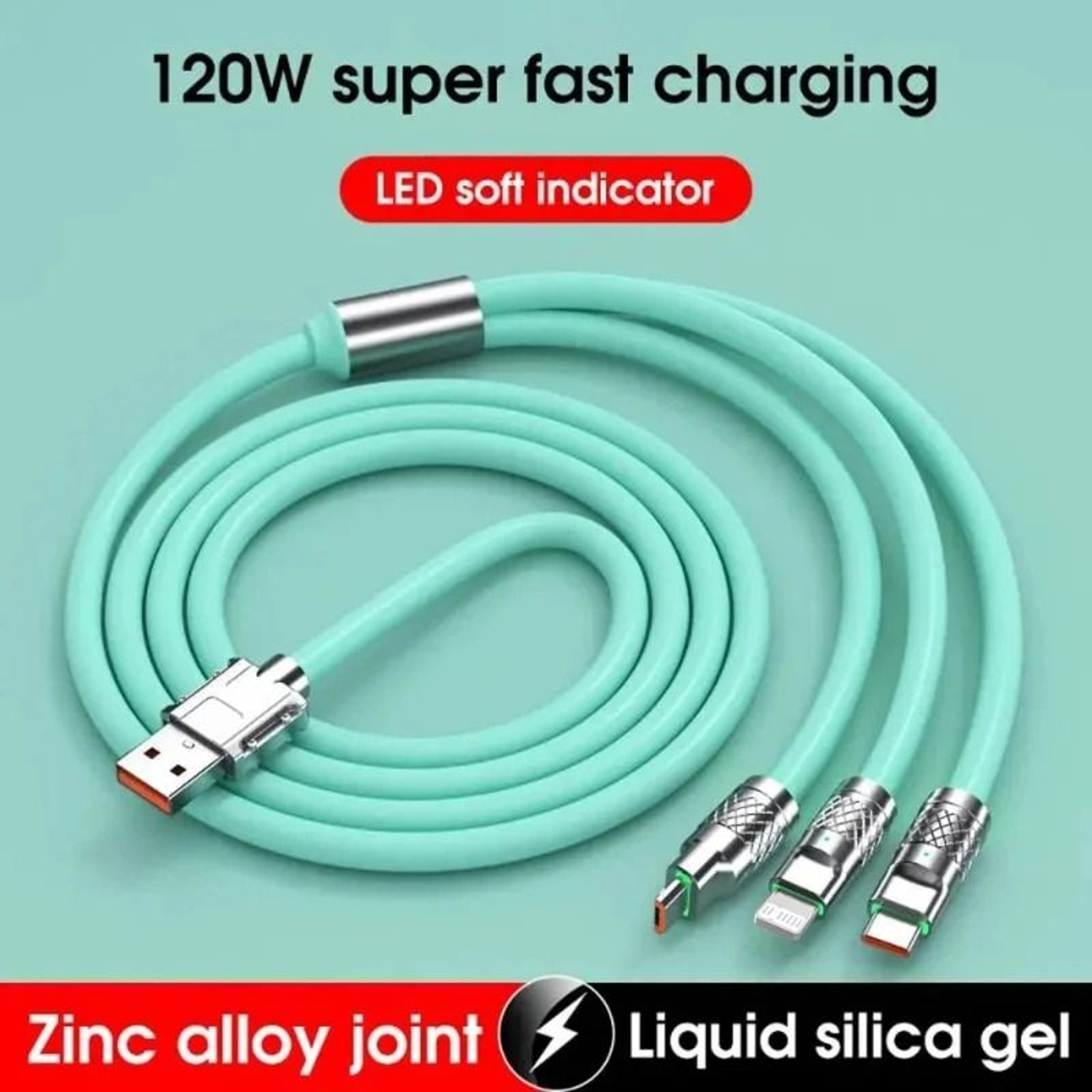3in1 USB Fast Charging Cable MultiPort 6A 120W Data Cord For Phones Devices 6