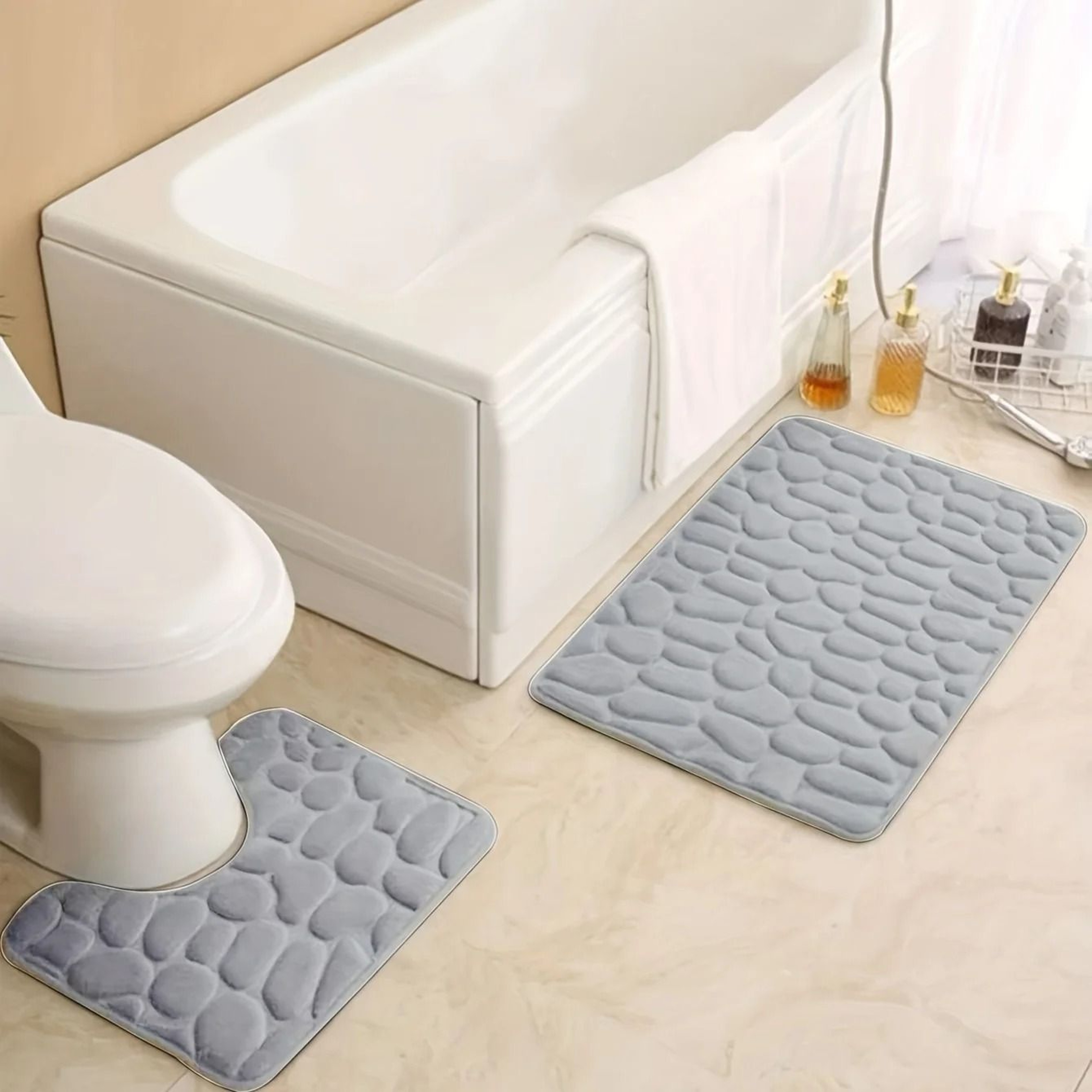 Embossed Stone Pattern Absorbent Bathroom And Door Mat Set 3