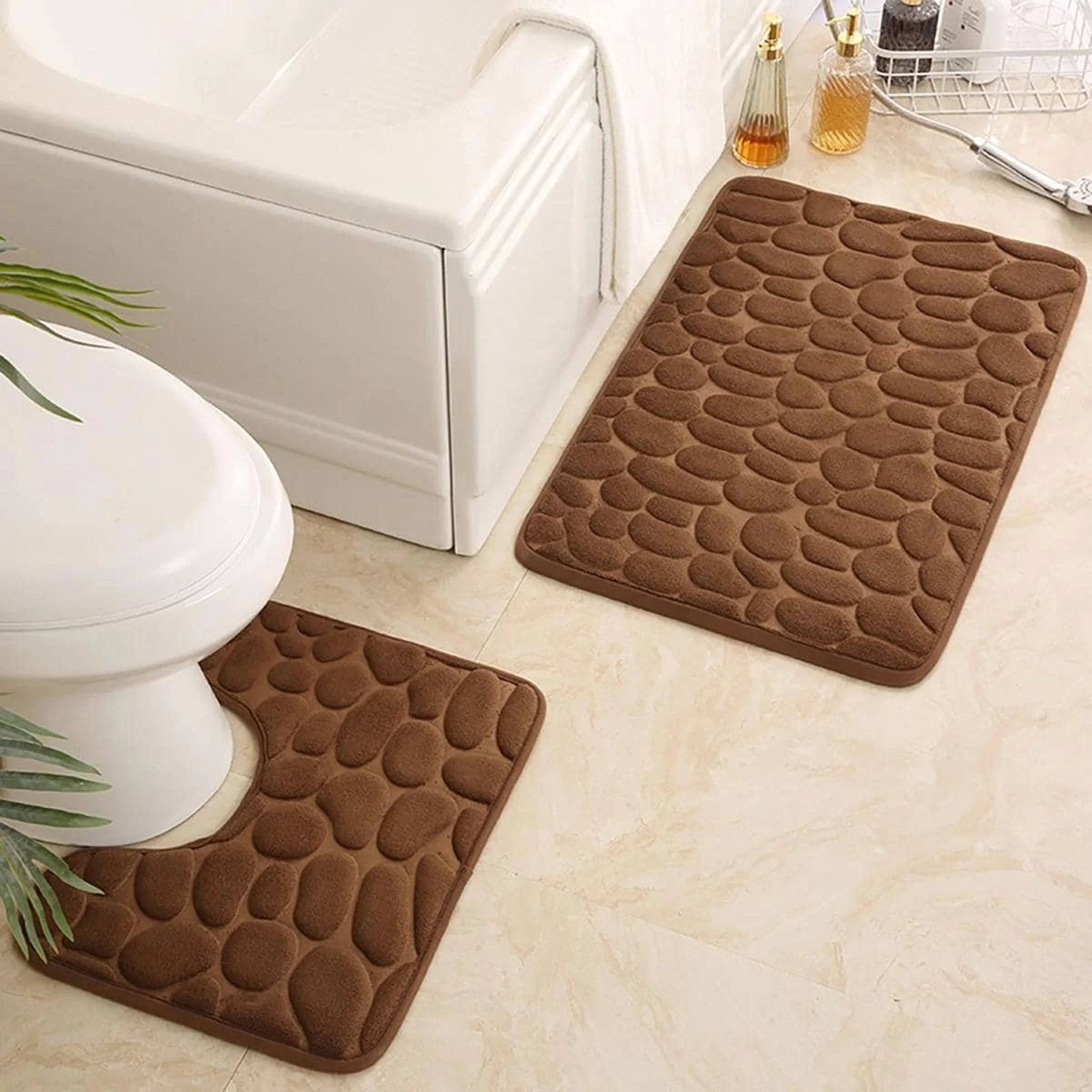 Embossed Stone Pattern Absorbent Bathroom And Door Mat Set 6