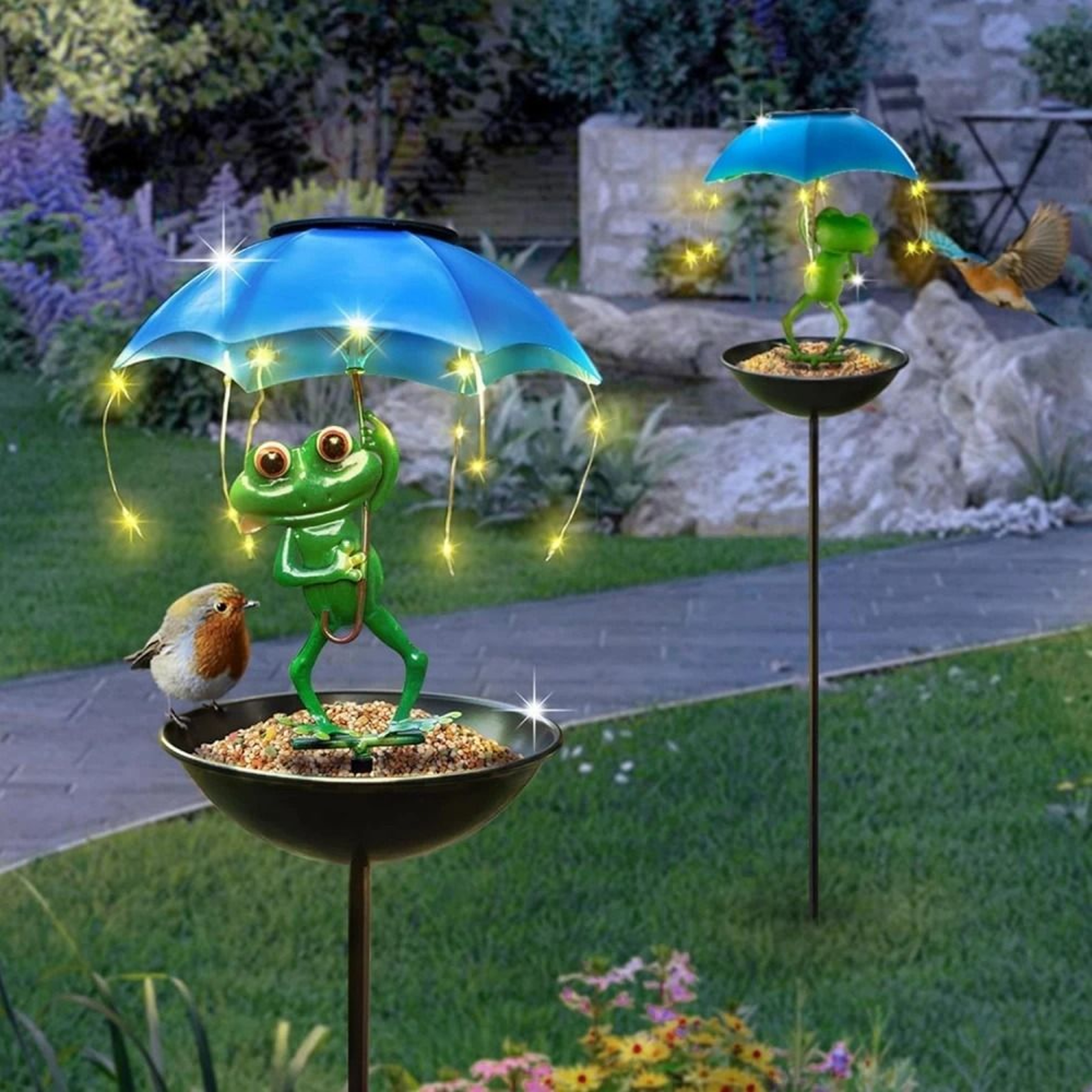 Solar Frog Bird Feeder Light  Metal Garden Stake Outdoor Decor 0
