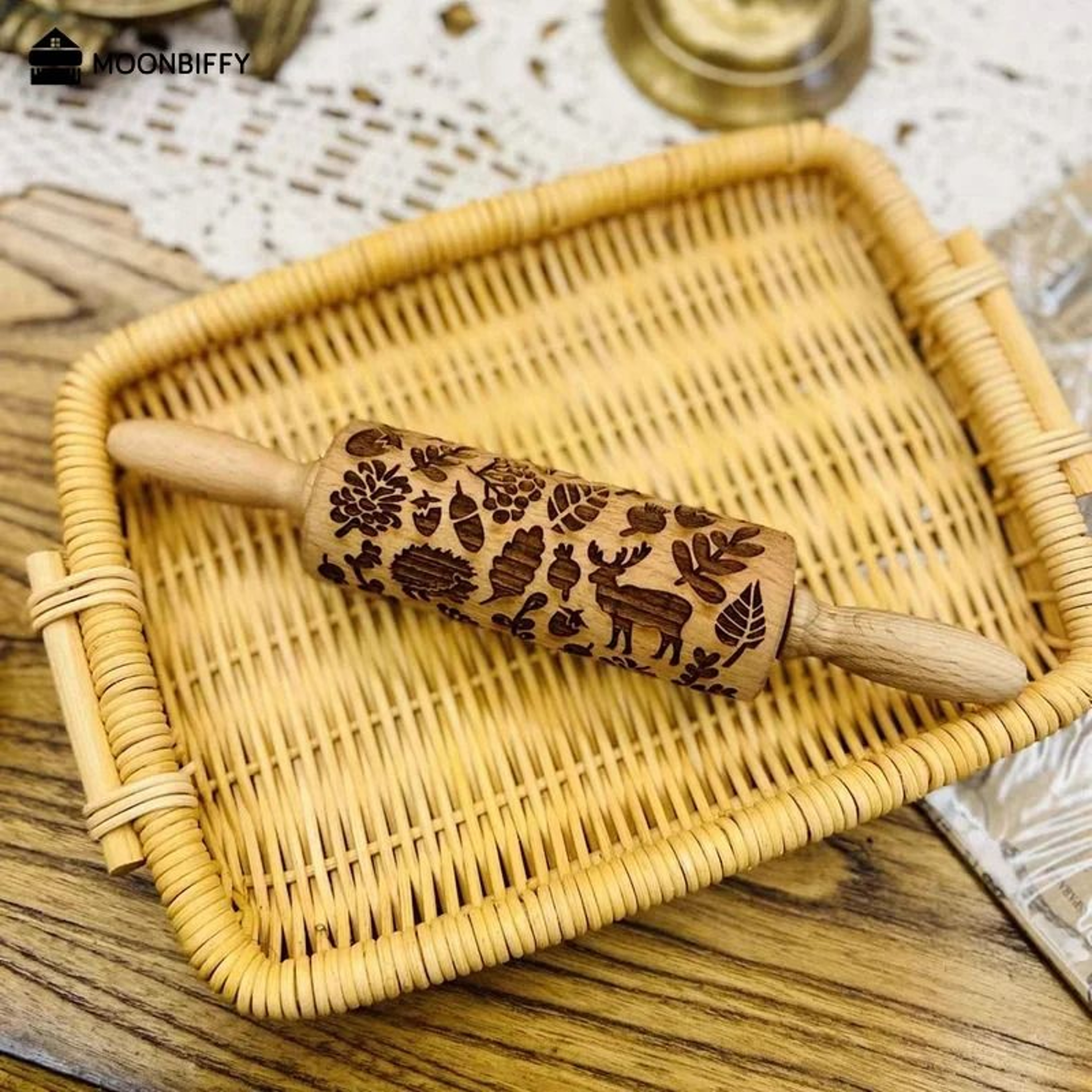 Christmas Embossed Wooden Rolling Pin 1378 Inch Beech Wood Cookie Roller With Snowflake And Elk Pat 3