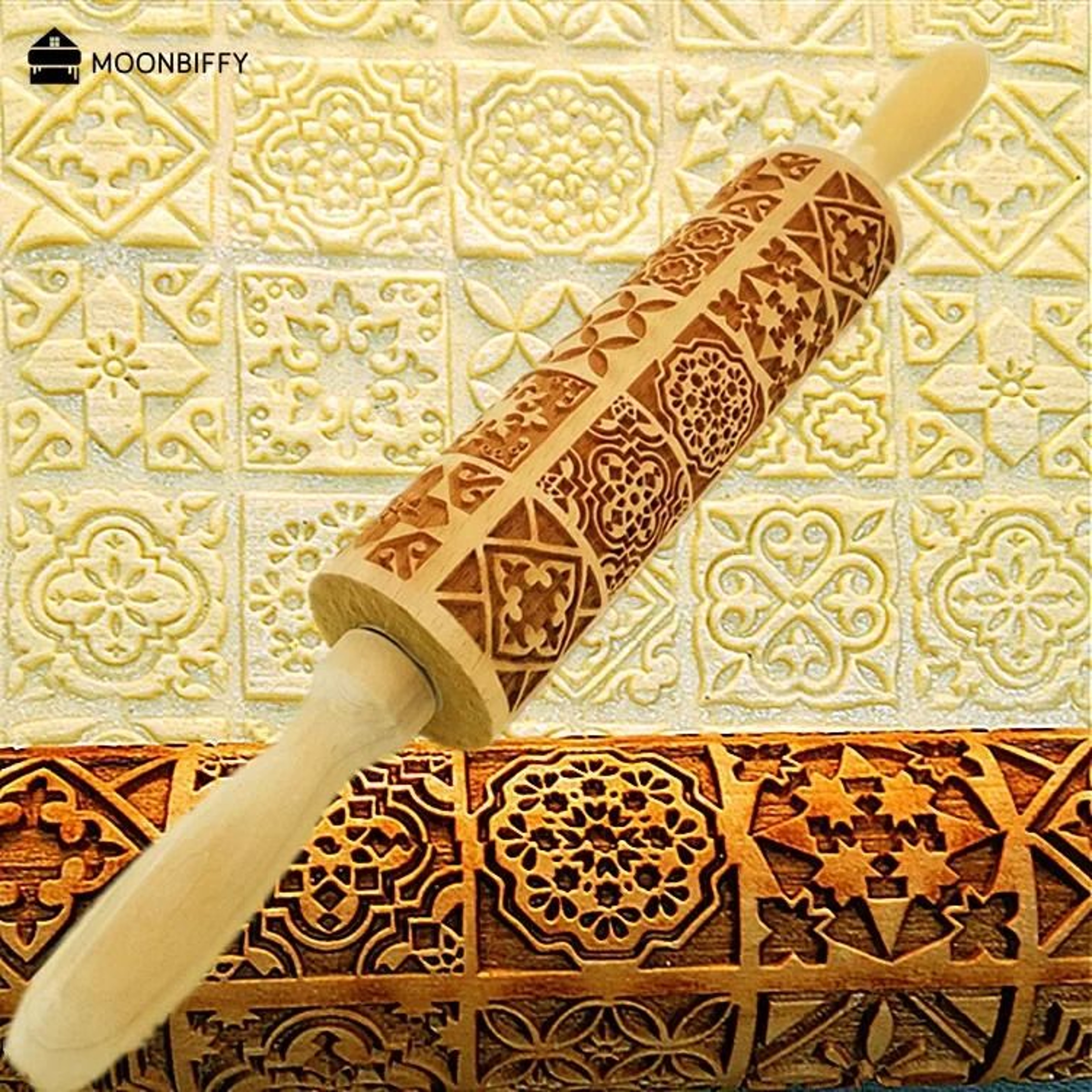 Christmas Embossed Wooden Rolling Pin 1378 Inch Beech Wood Cookie Roller With Snowflake And Elk Pat 7