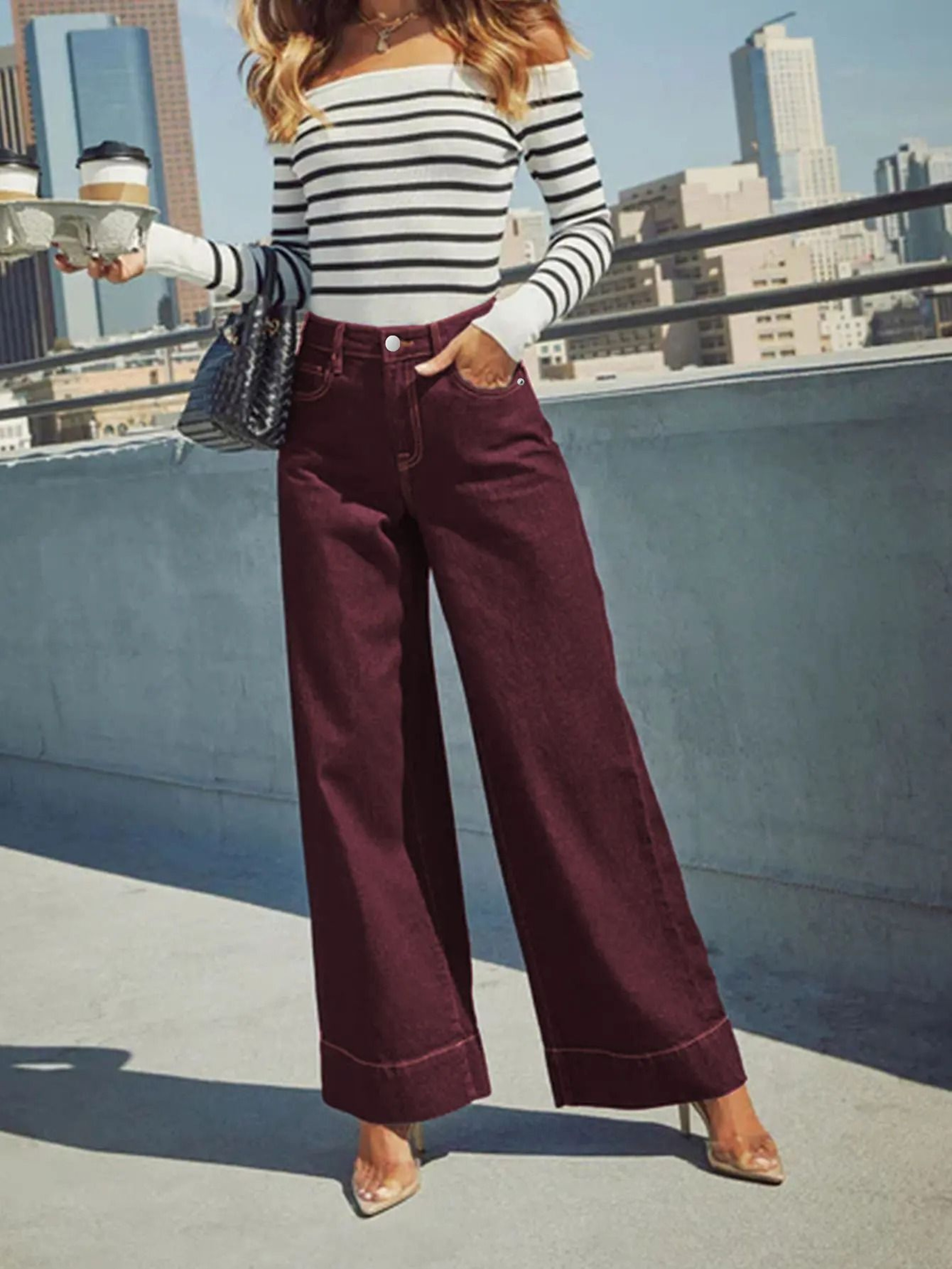 Womens Burgundy High Waist Stretch WideLeg Jeans 3