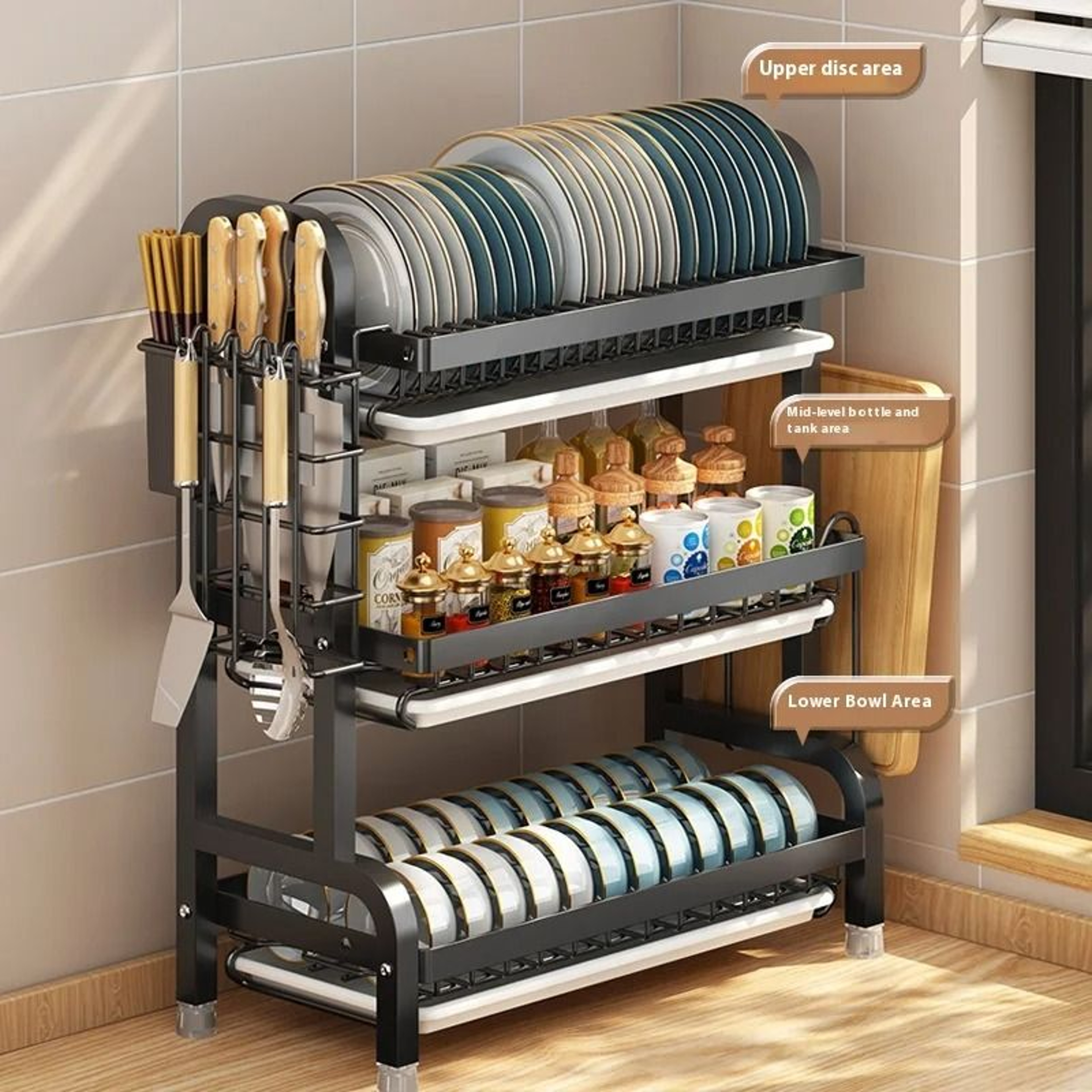 Kitchen Bowl And Chopstick Storage Rack With Drain Tray And Multifunctional Organizer 0