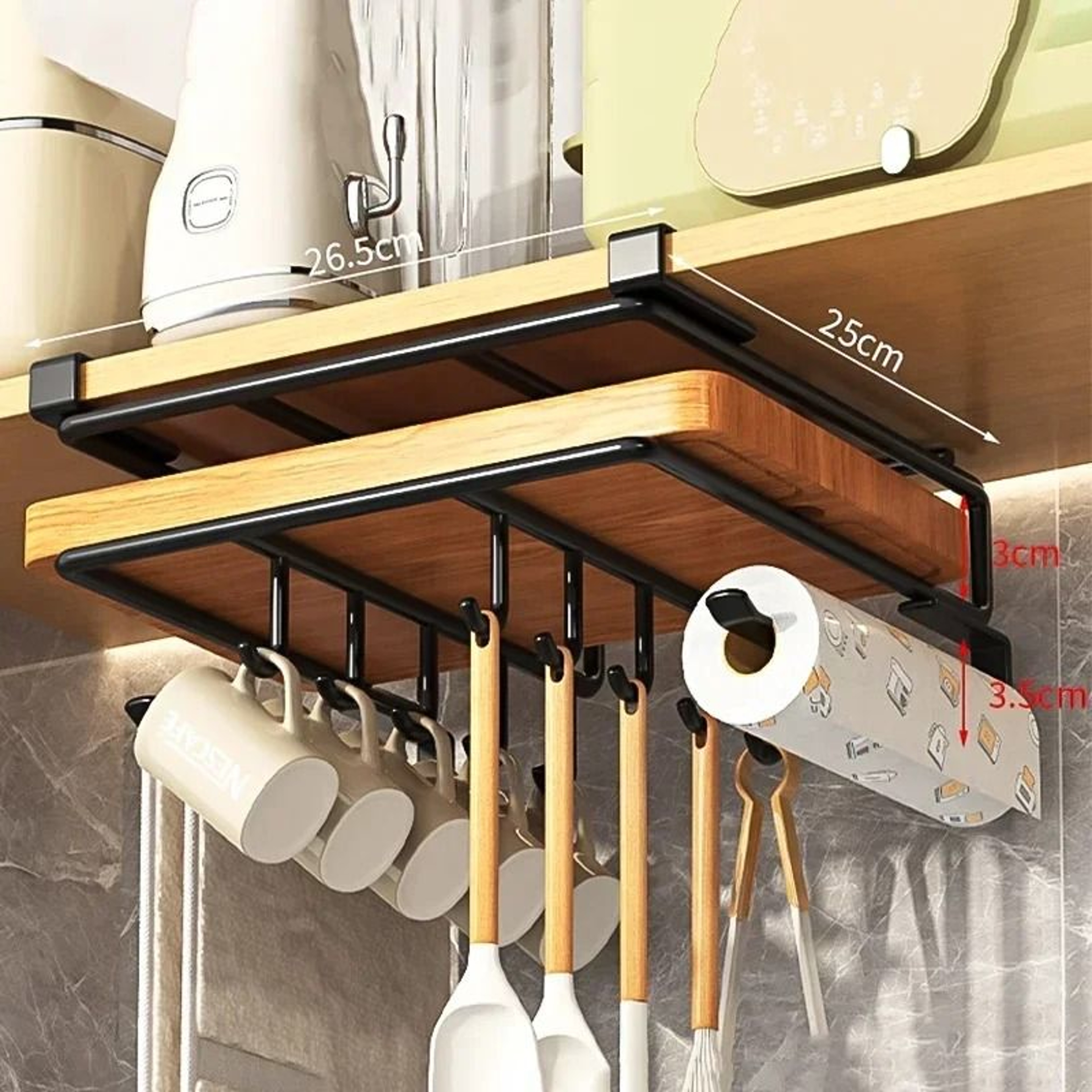 Kitchen Hanging Organizer Rack With Hooks And Under Cabinet Storage Shelf 2