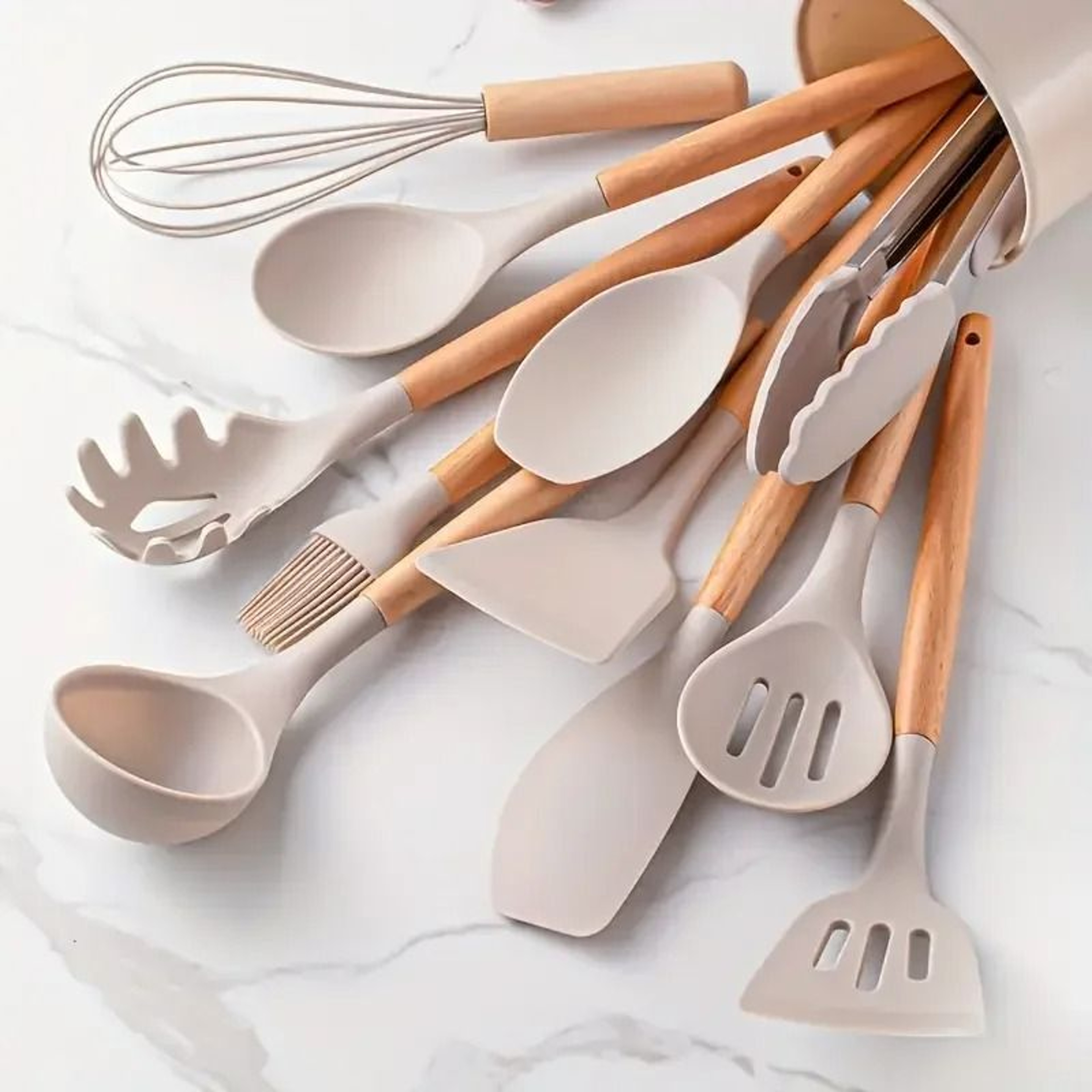 12 Piece Silicone Kitchen Utensil Set With Wooden Handles 0
