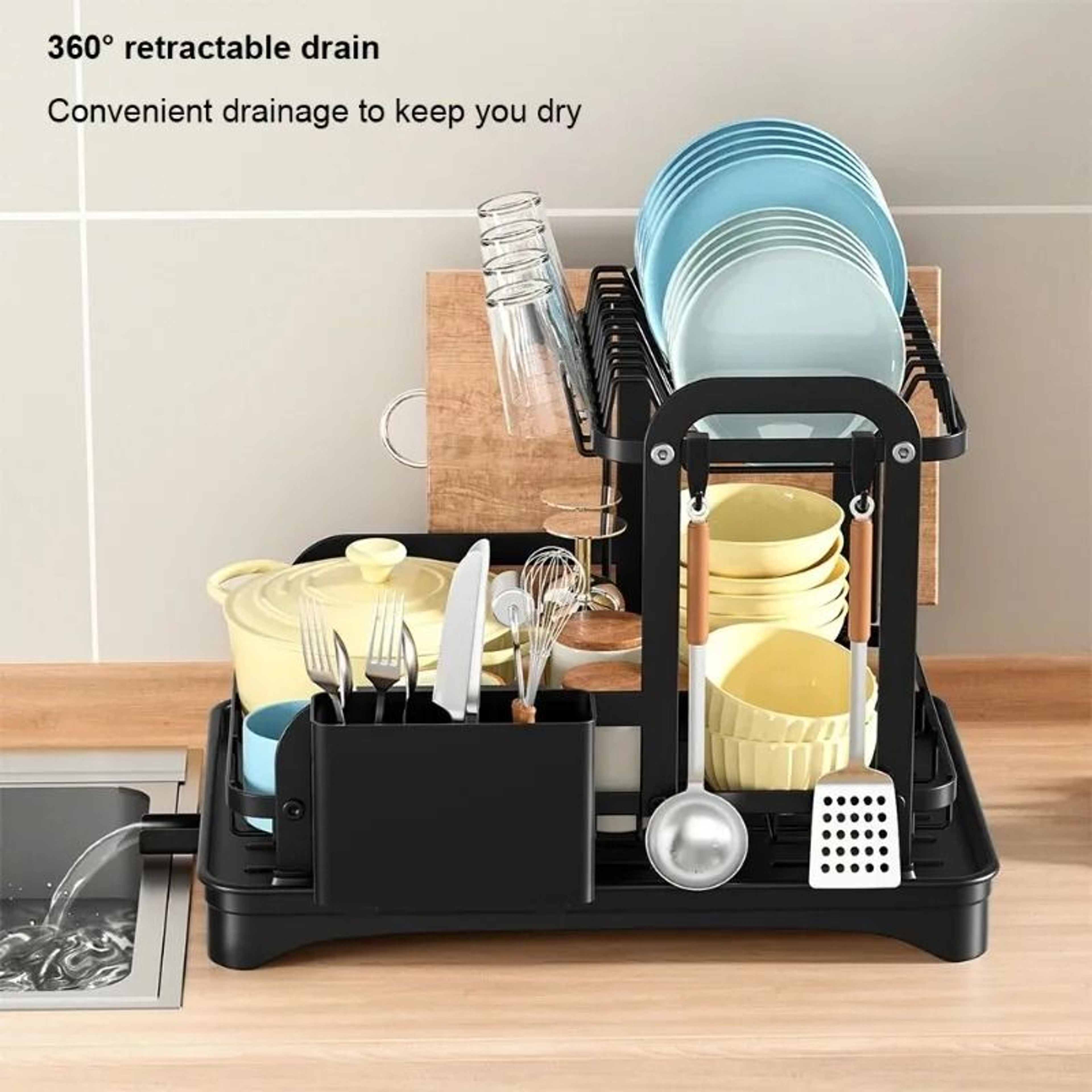 2 Tier Dish Drying Rack With Drain Tray And Utensil Organizer 2