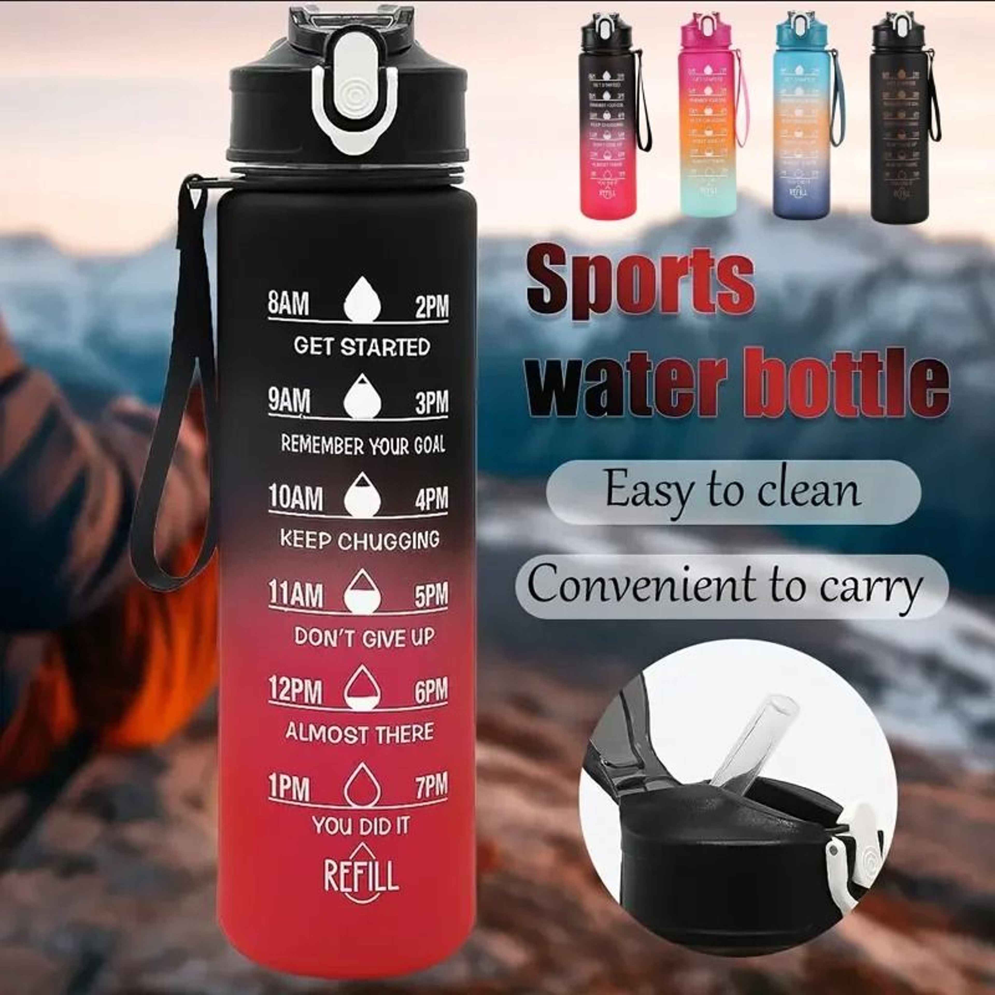 Motivational Sports Water Bottle With Time Markers And Leak Proof Straw 0