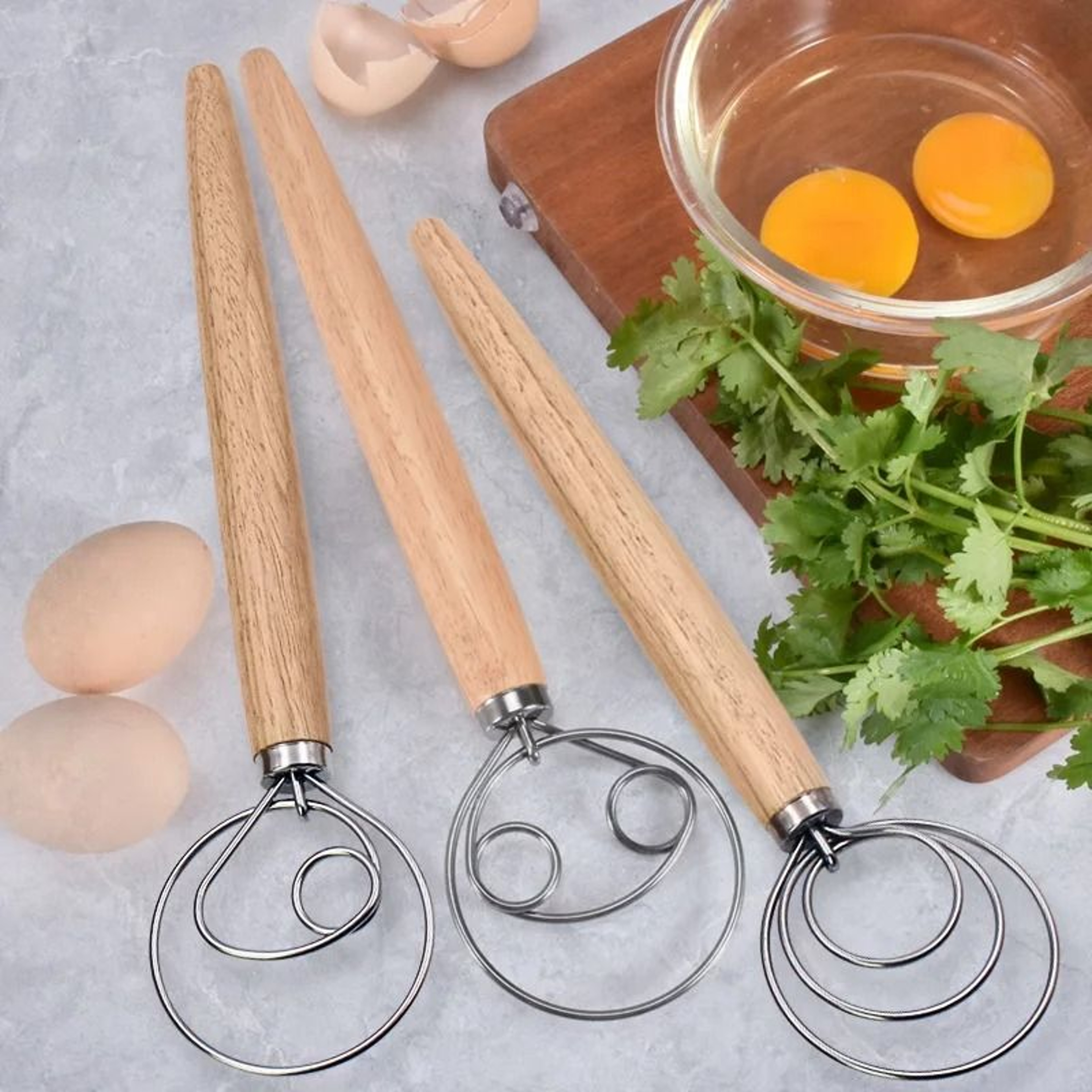 Danish Dough Whisk Stainless Steel Hand Mixer With Wooden Handle 0