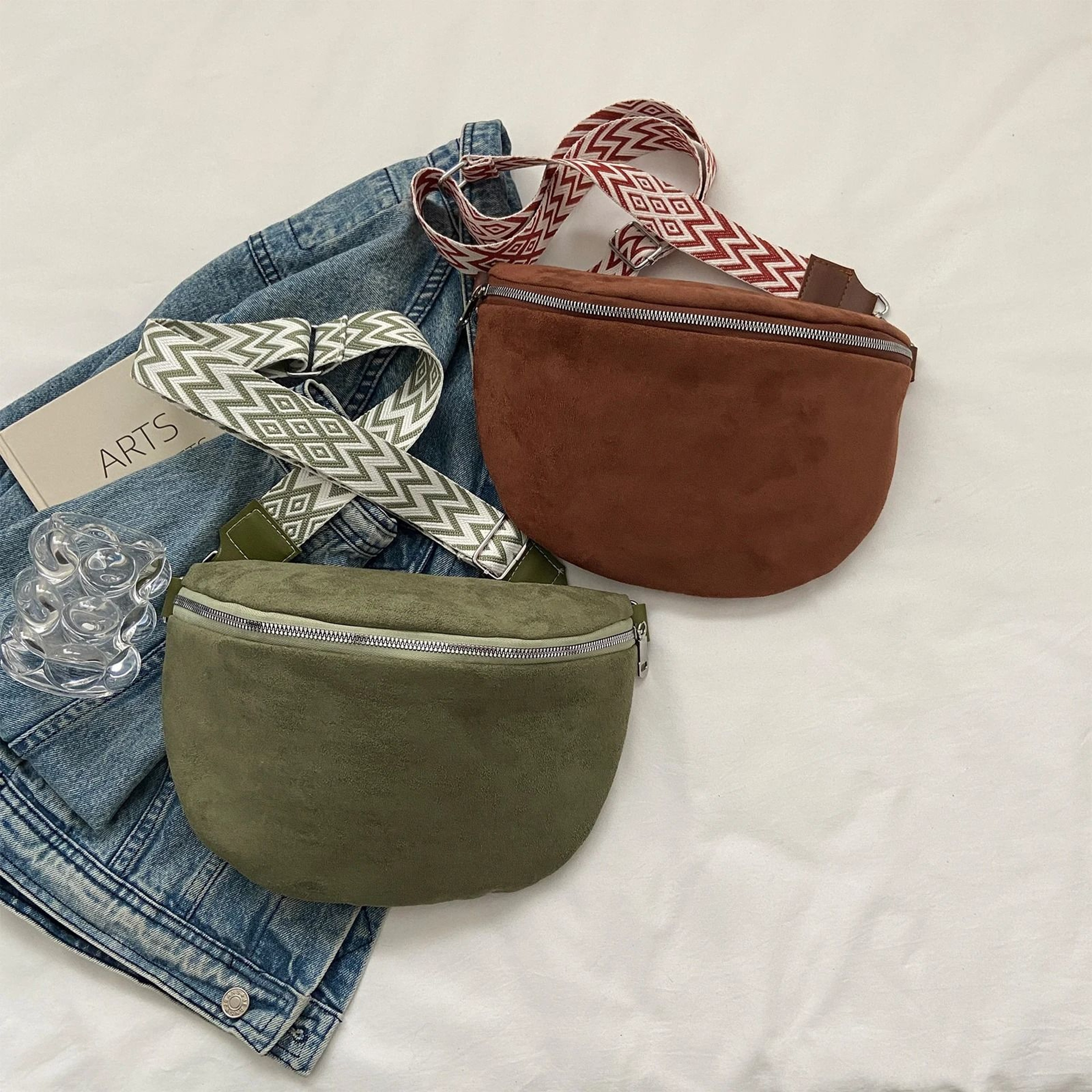 Fashion Suede Women Waist Bag Retro Half Moon Chest Bag With Wide Strap 3