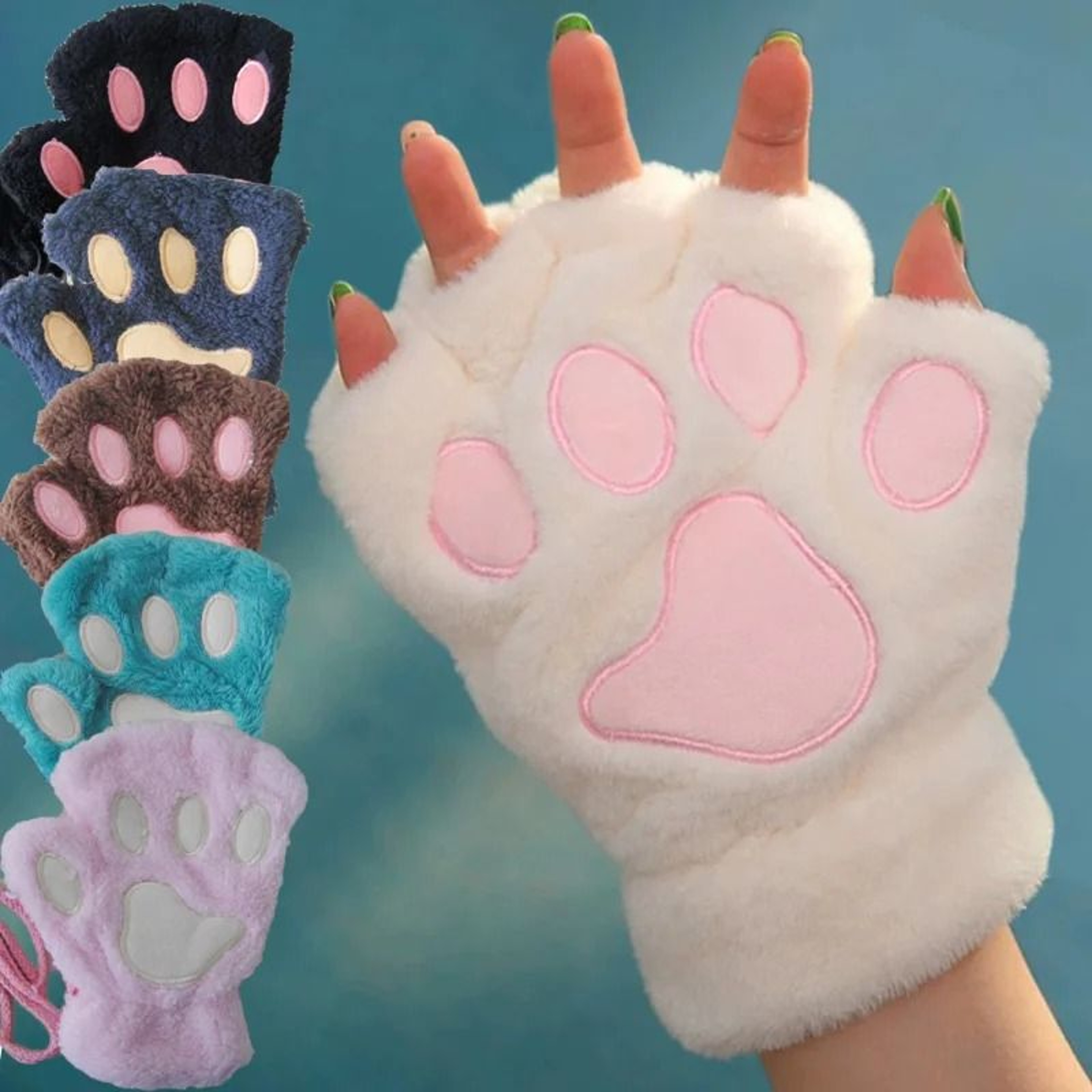 Plush Cat Paw Fingerless Gloves 0