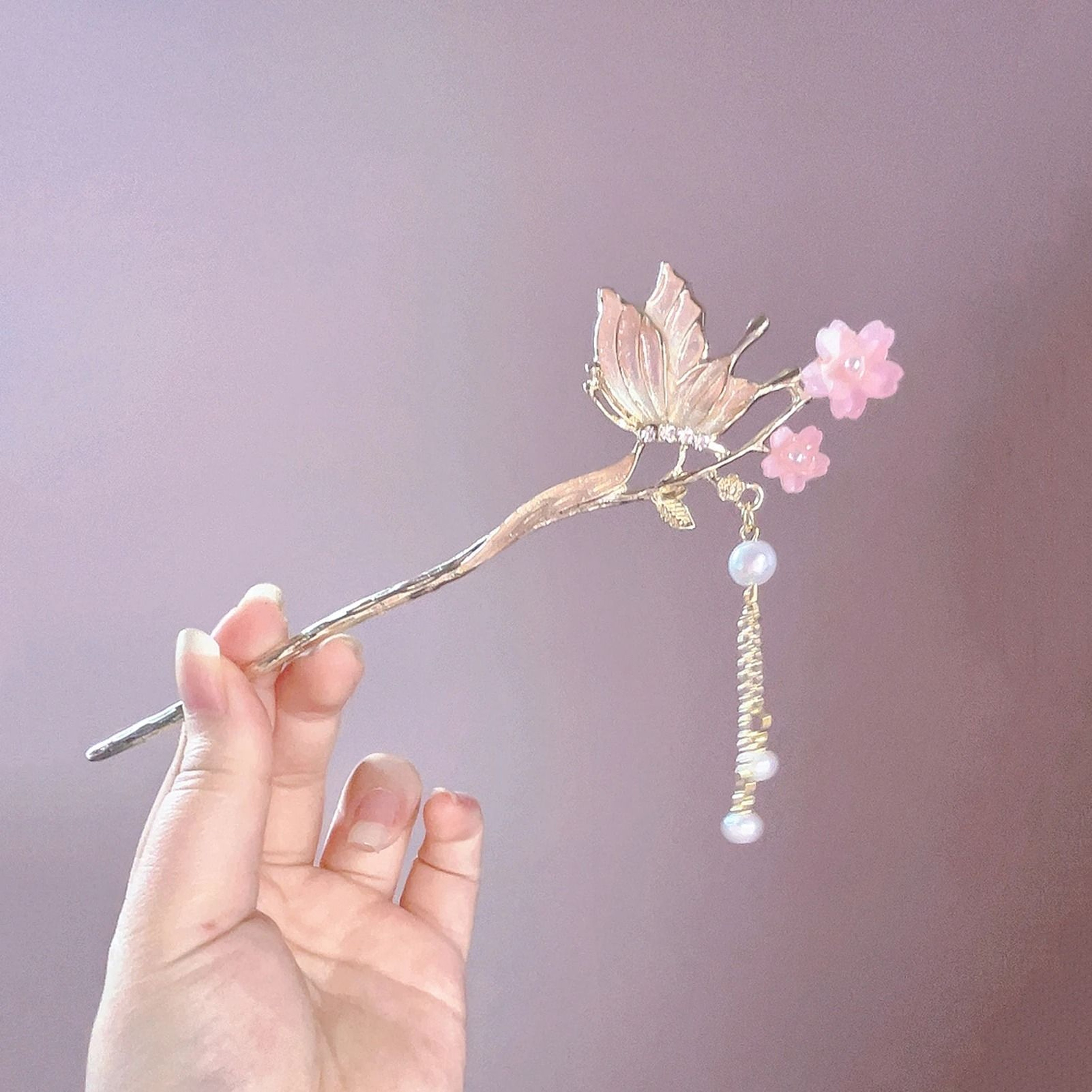 Pink Flower Butterfly Pearl Hair Stick For Women 2