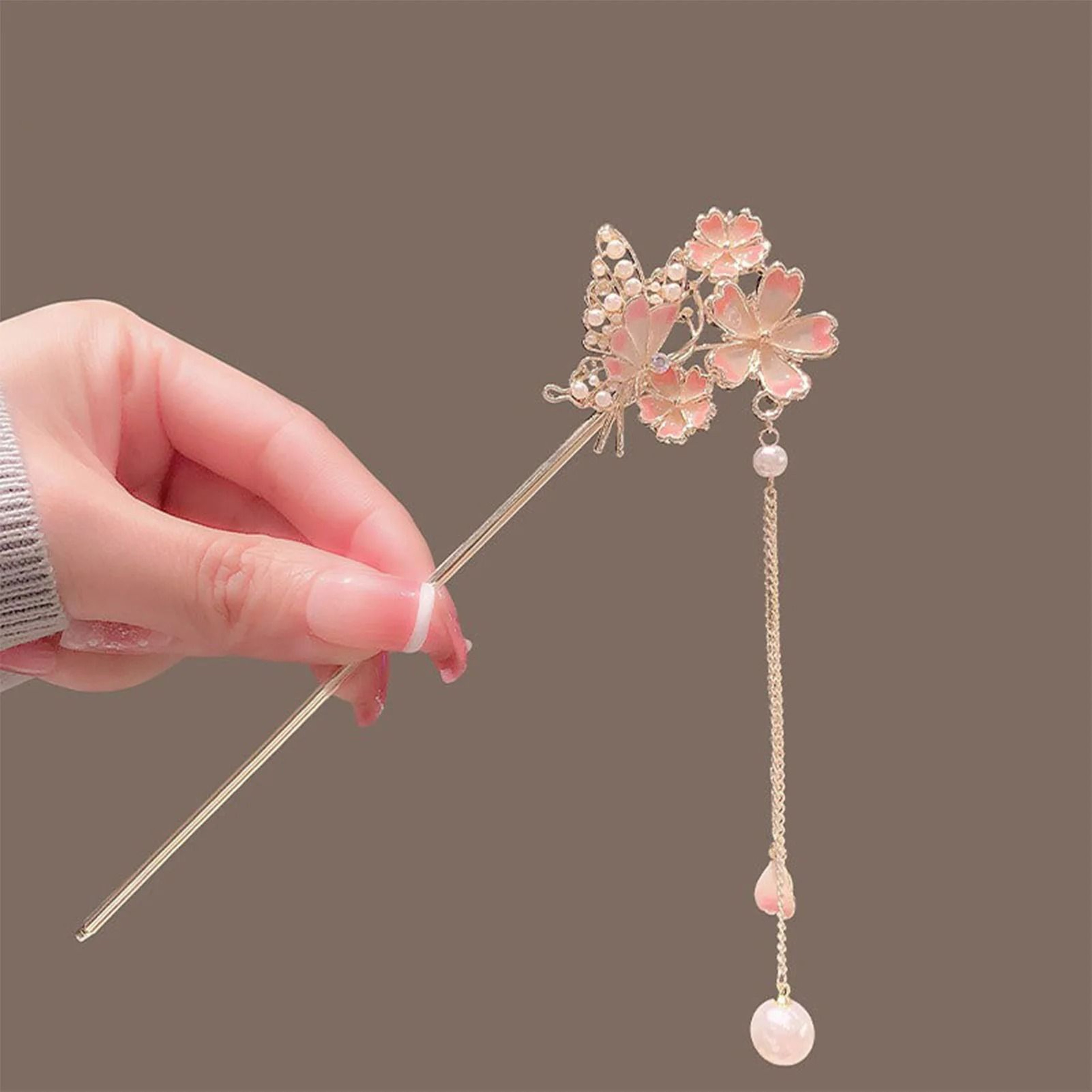 Pink Flower Butterfly Pearl Hair Stick For Women 5