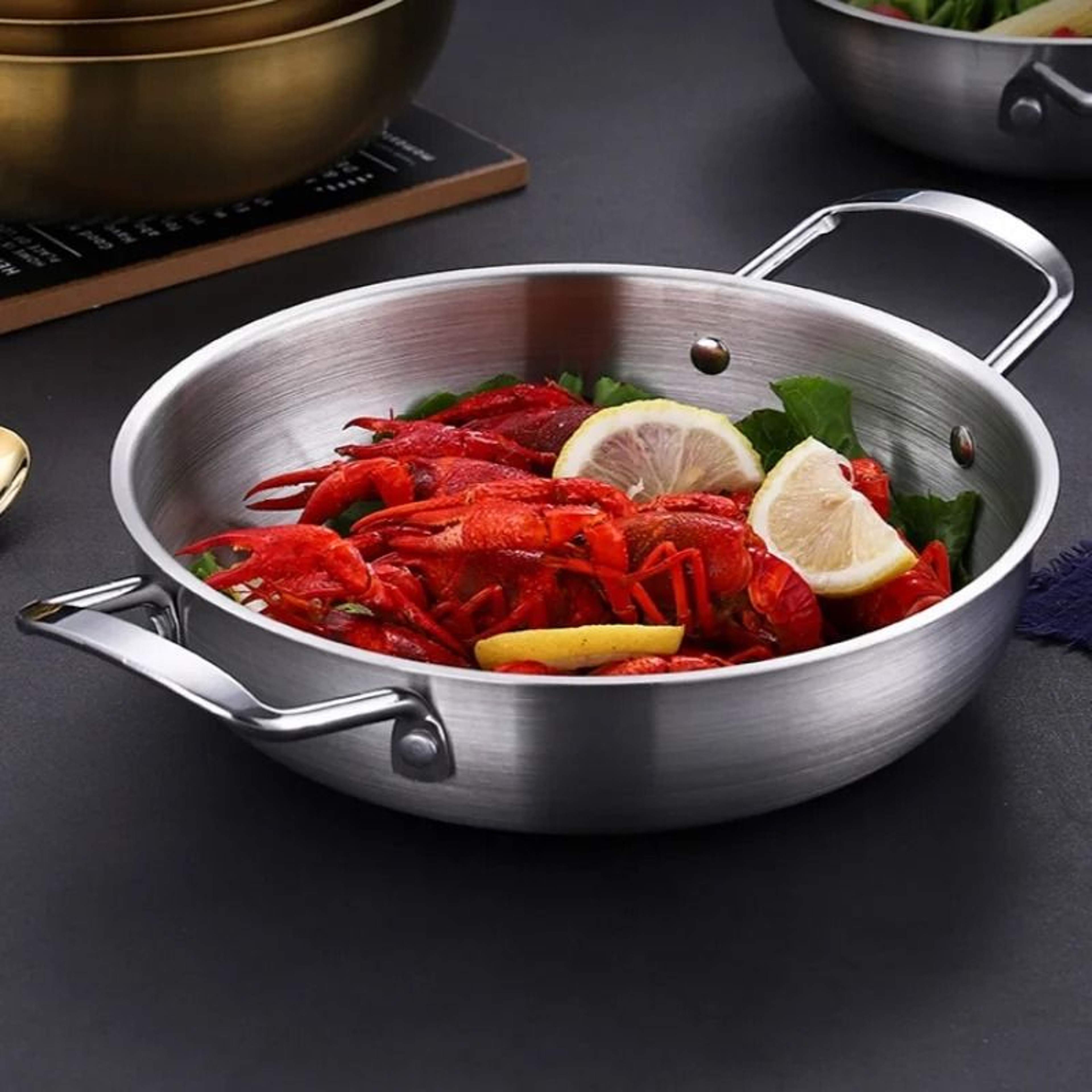 Stainless Steel Cooking And Serving Pan With Handles 7