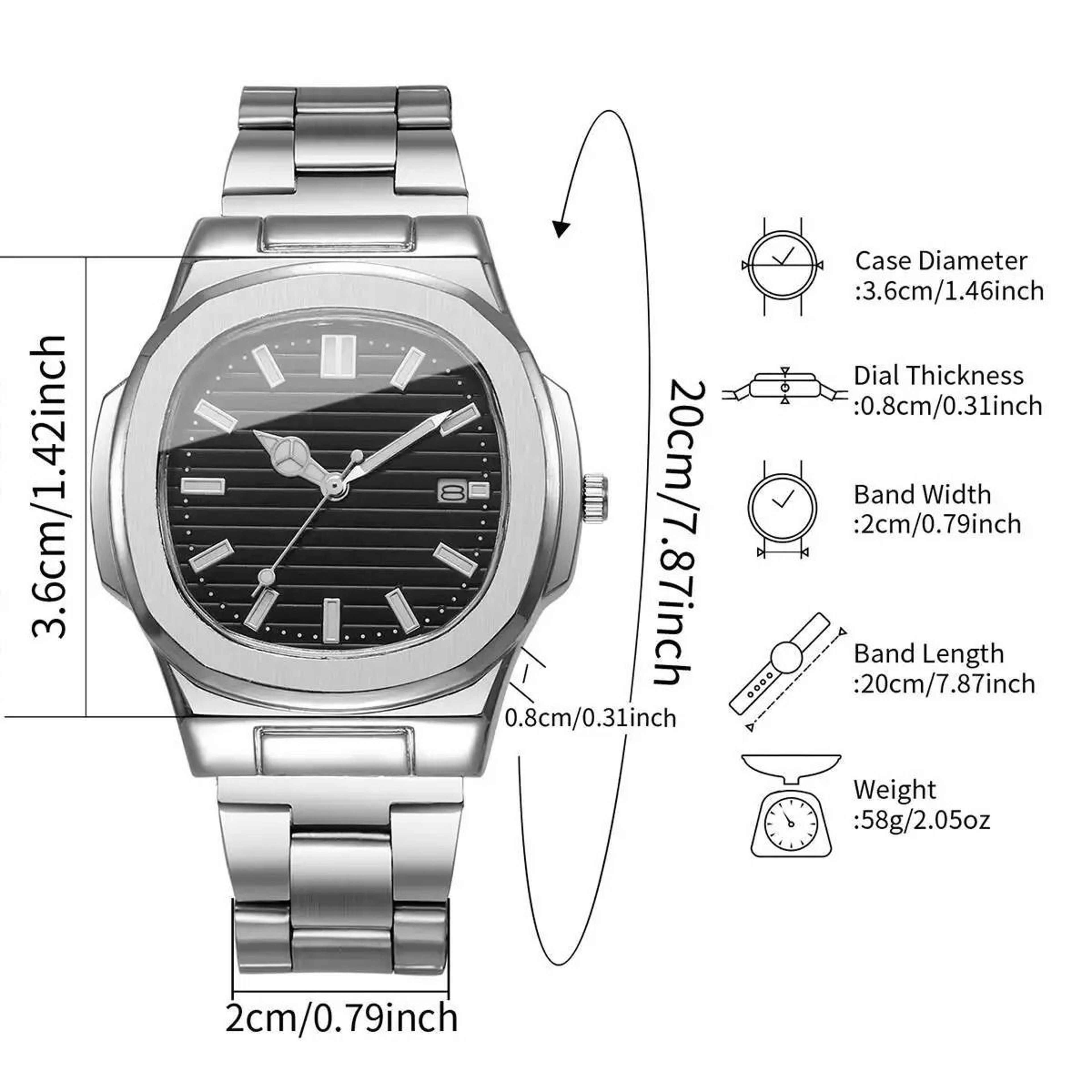 Men Square Dial Stainless Steel Quartz Watch With Calendar 5