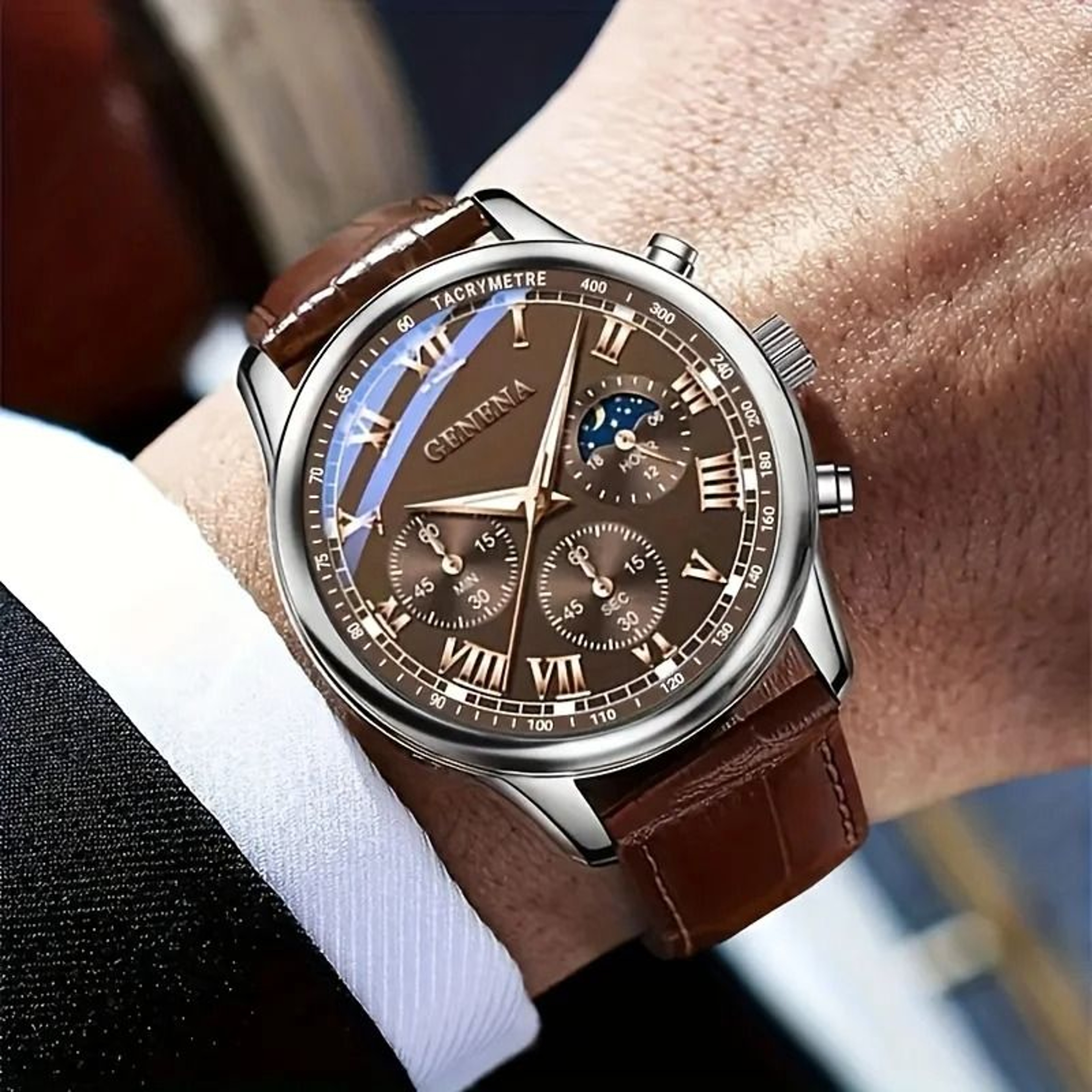 Men Luxury Leather Strap Quartz Watch Glow Dial 2