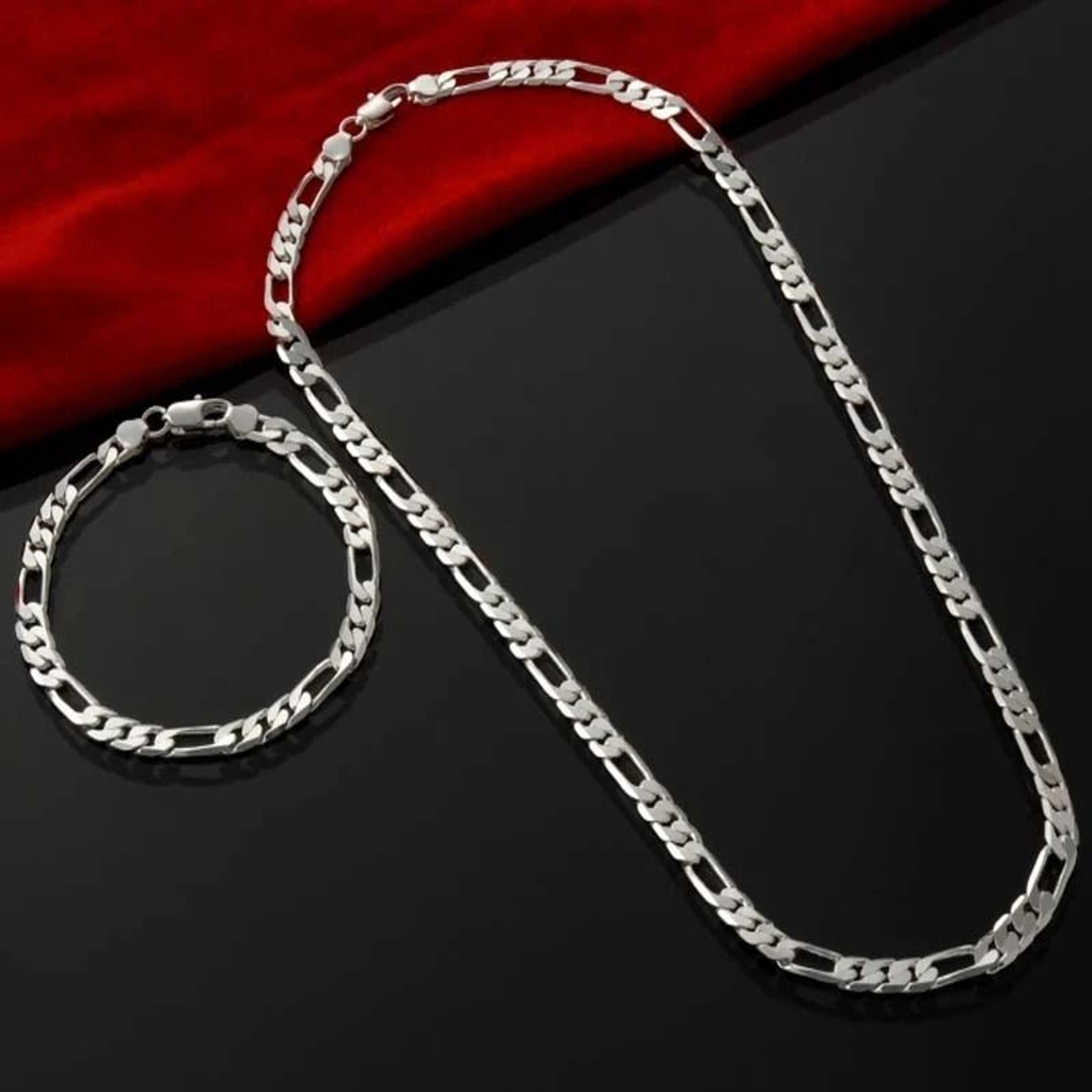 Silver 4mm Chain Necklace And Bracelet Set 0
