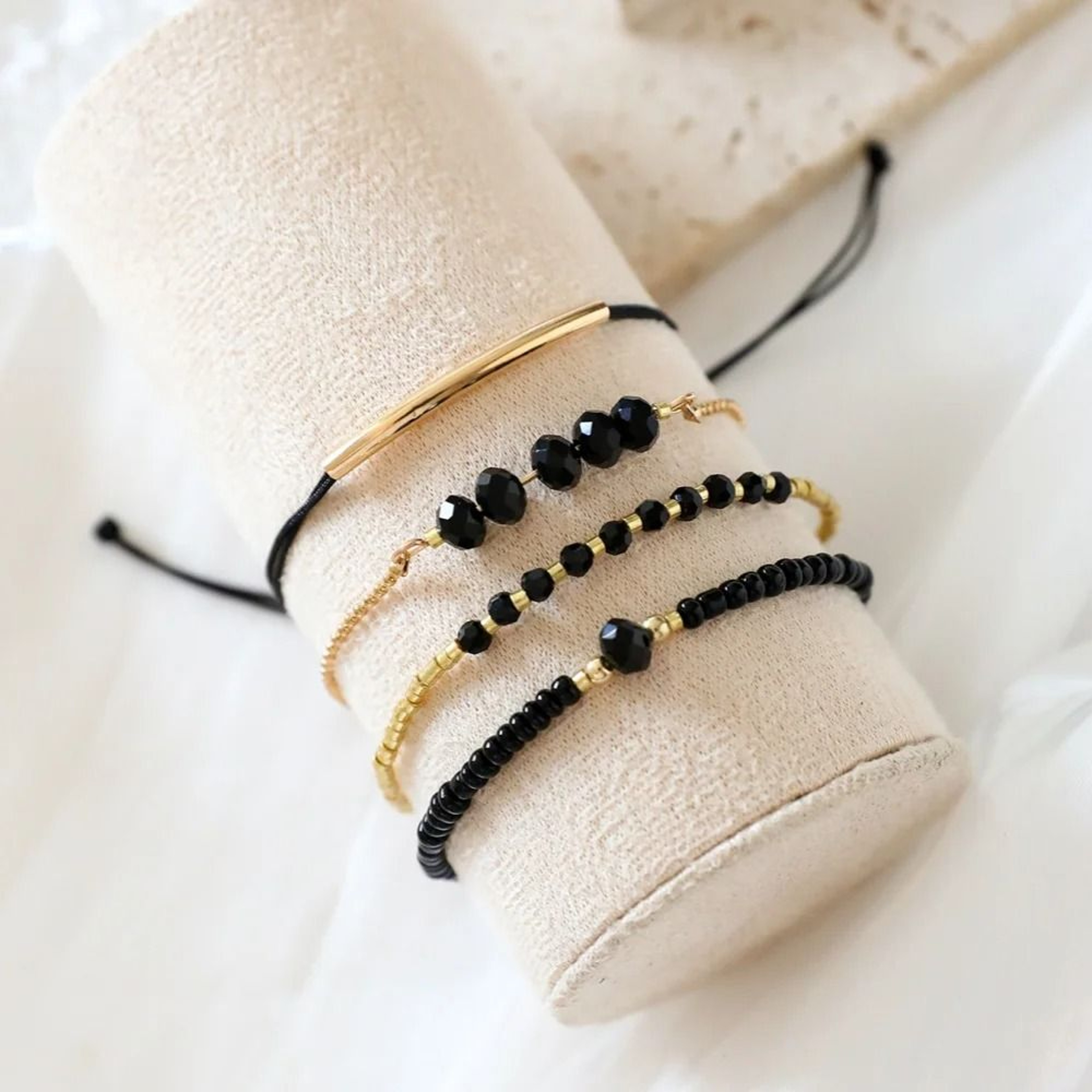 4 Piece Black Glass Stone Bracelet Set 2