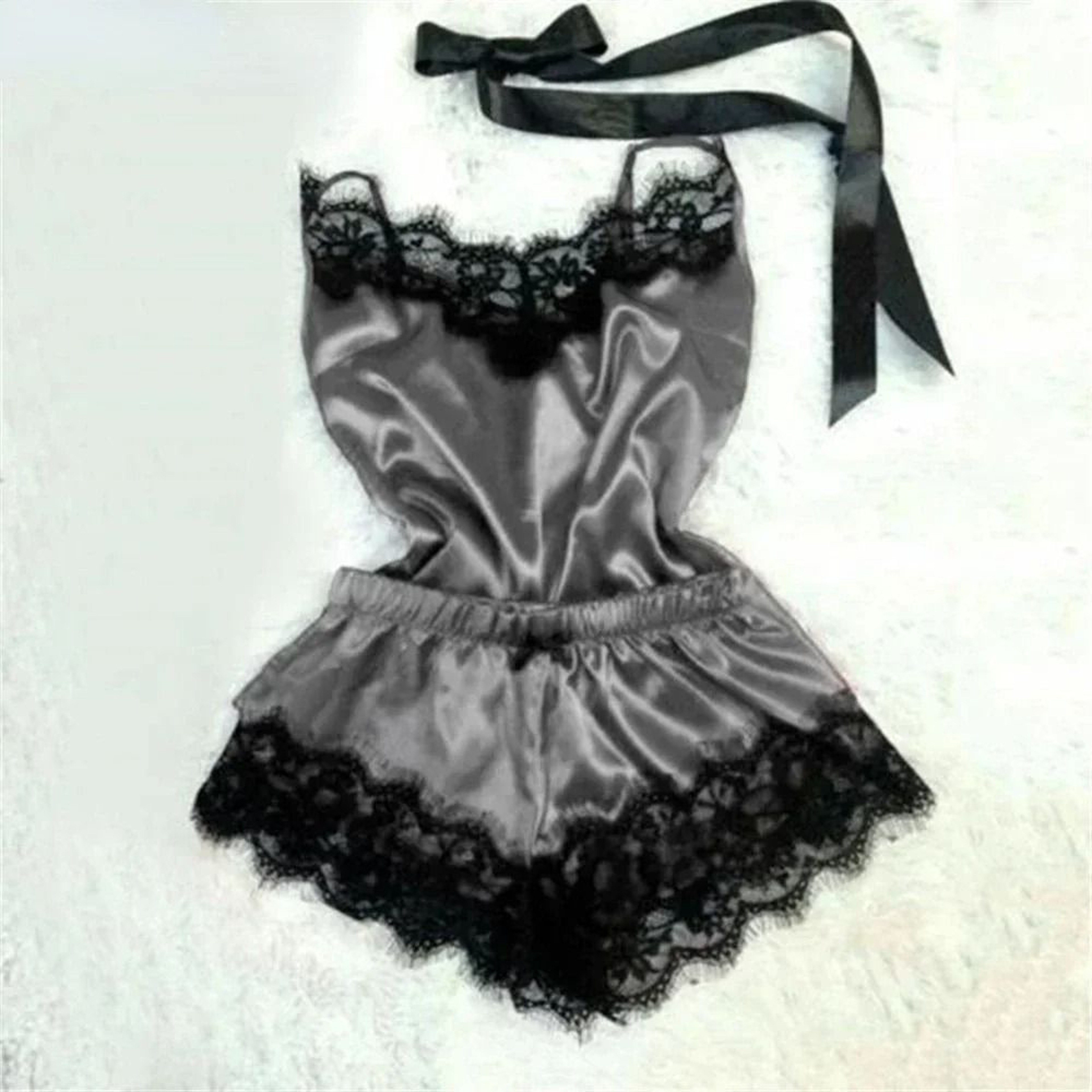 Womens Lace Satin Pajama Set With V Neck Top And Shorts 4