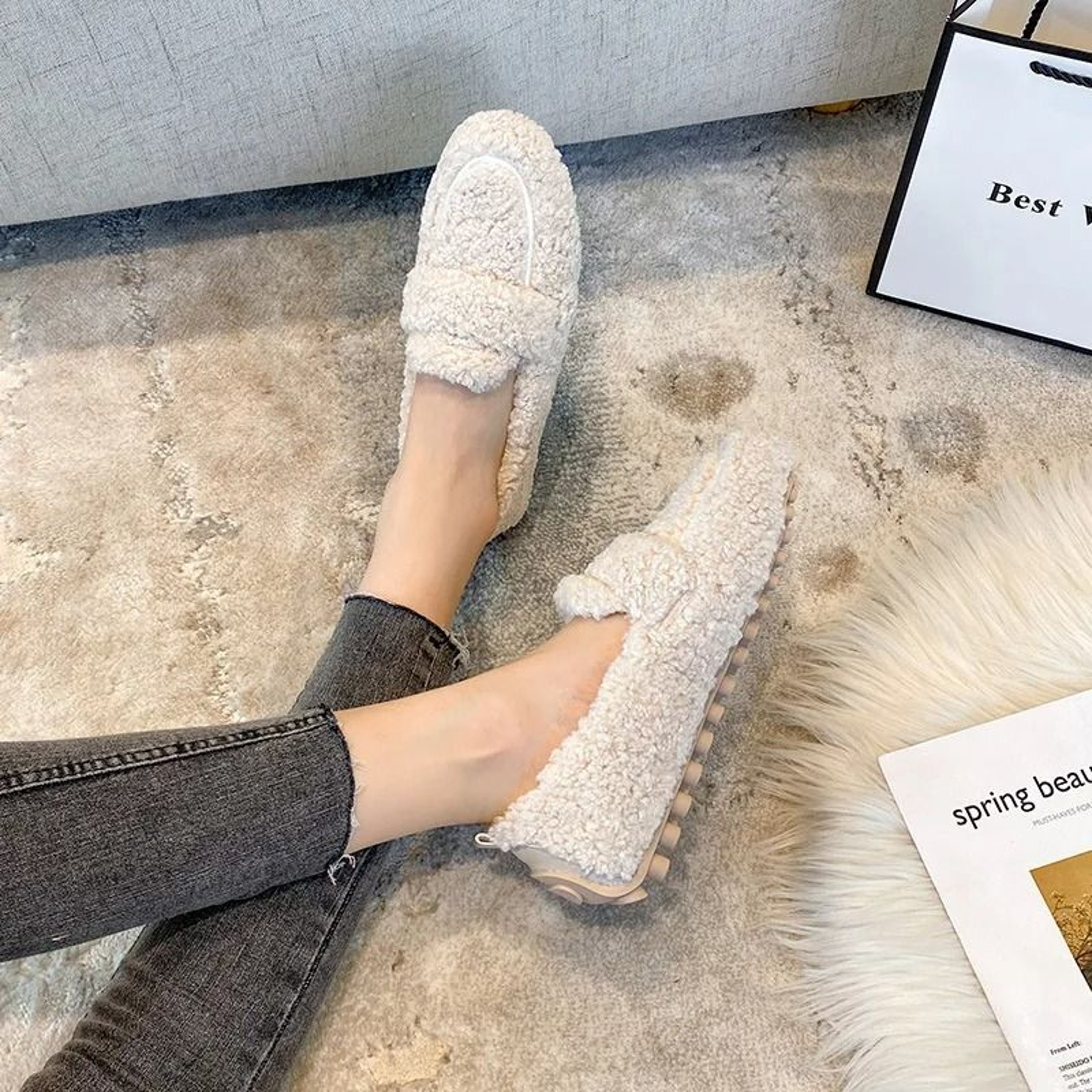 Womens Plush Shearling Winter Flats Warm Lambswool Slip On Loafers Cotton Lined Comfort Shoes 1