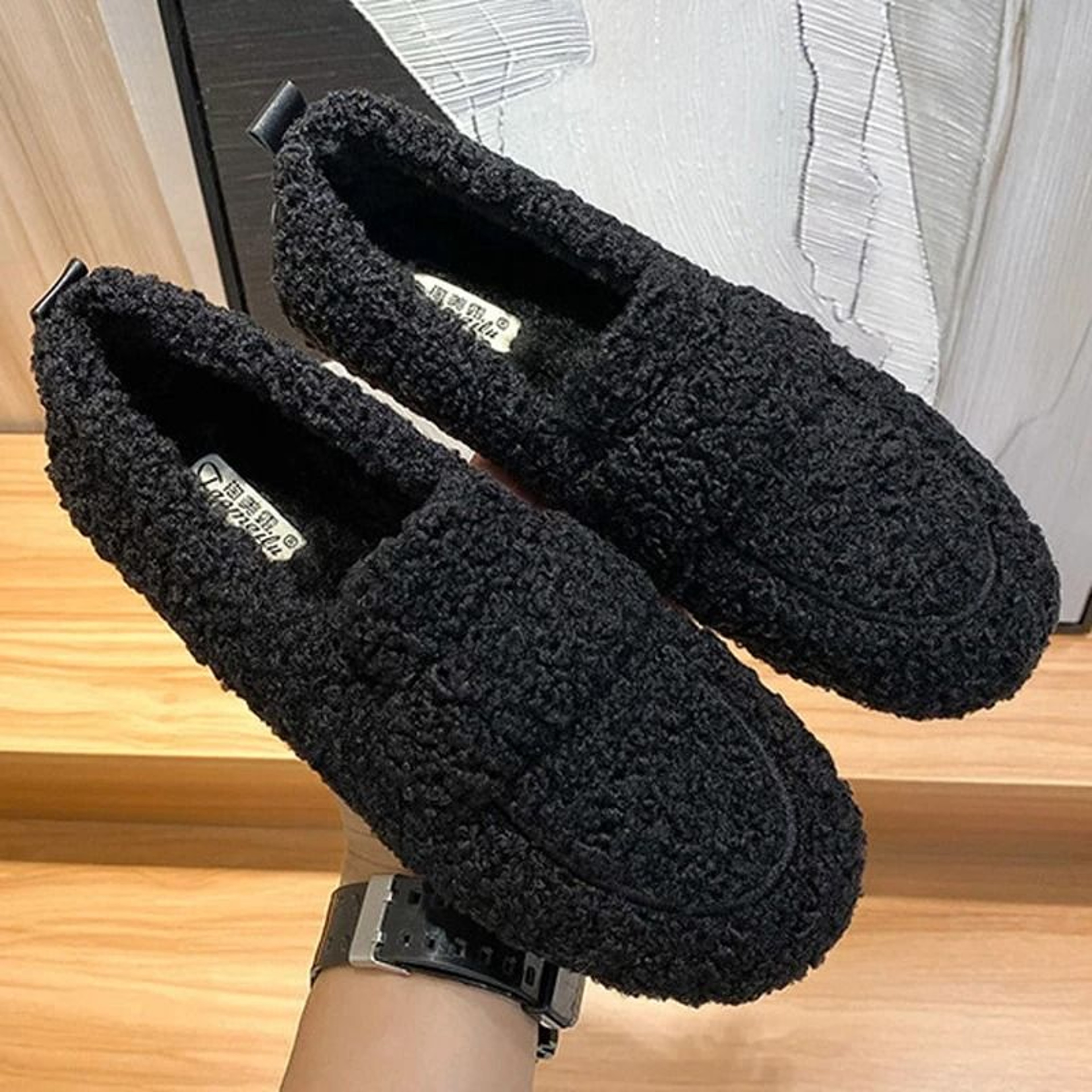 Womens Plush Shearling Winter Flats Warm Lambswool Slip On Loafers Cotton Lined Comfort Shoes 3